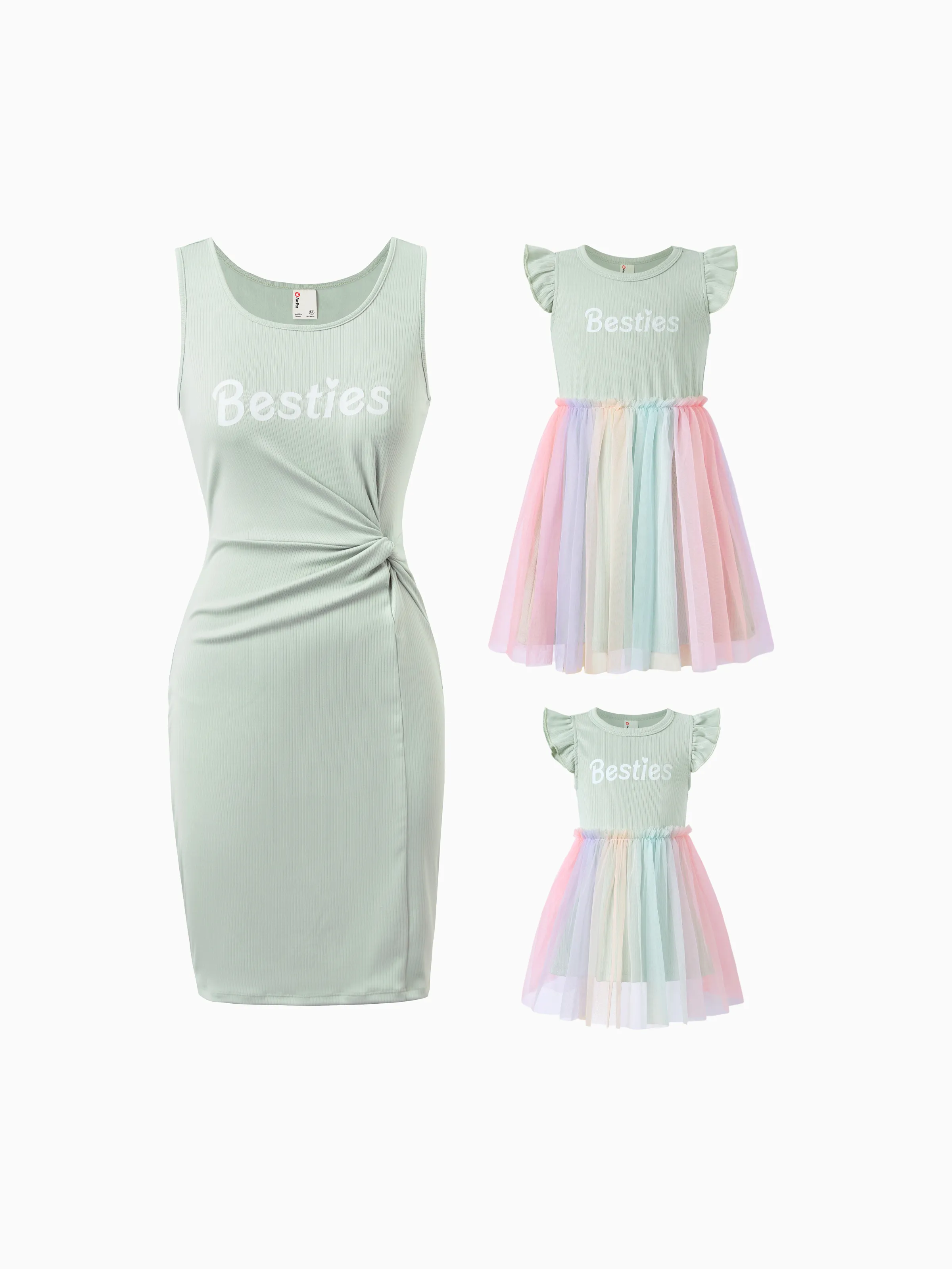Matching Toddler/Kid Girl "Besties" Dresses Pastel Tulle Skirt for Girls, Perfect for Family Outings & Photos Pale Green - Image 2