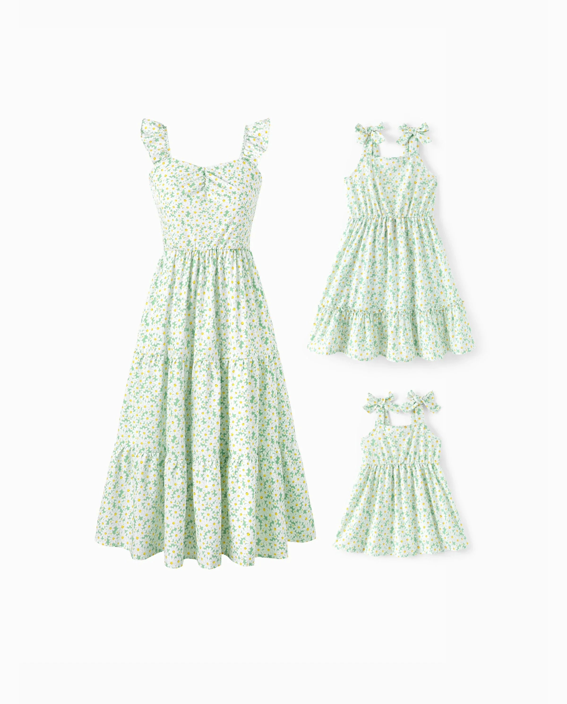 Mommy and Me Floral Dress with Flutter Sleeves Light Green Daisy Print Pale Green - Image 8