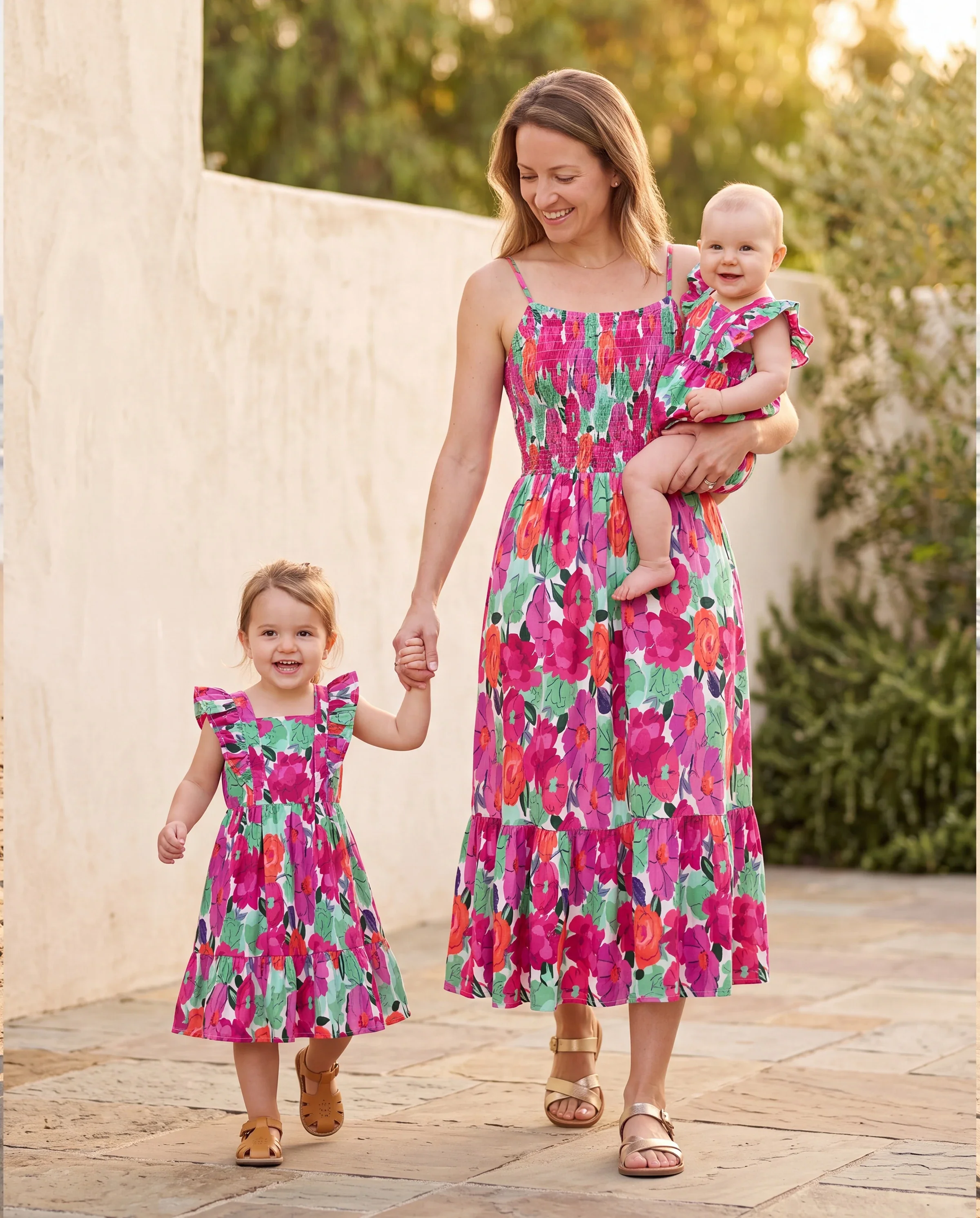 Mom & Me Matching Cotton Vacation Dresses Floral Smocked Dresses with Ruffle Straps for Summer Family Outings & Photos Multi-color - Image 11