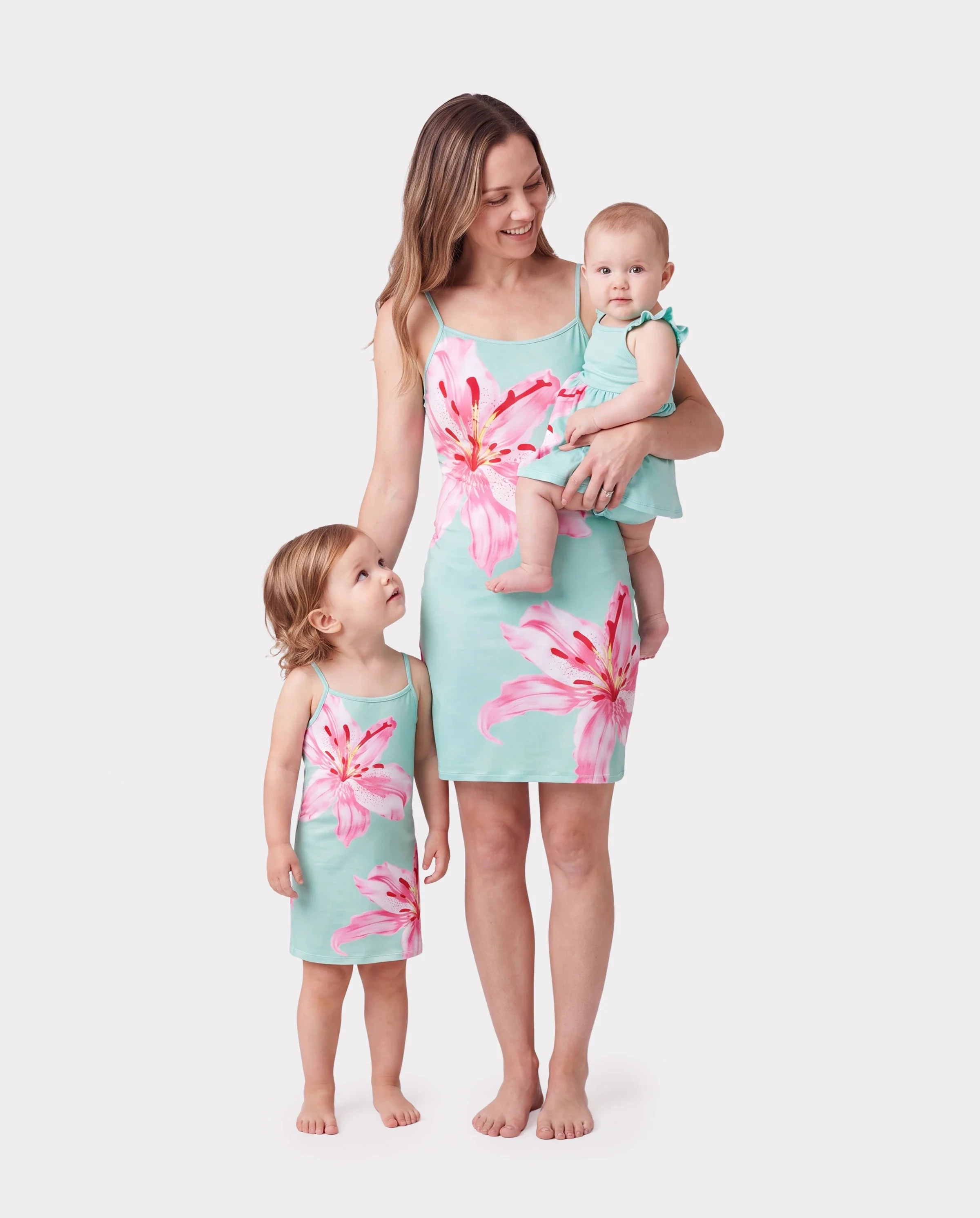 Mommy and Me Casual Flower Print Sleeveless Strappy Dresses Light Green
