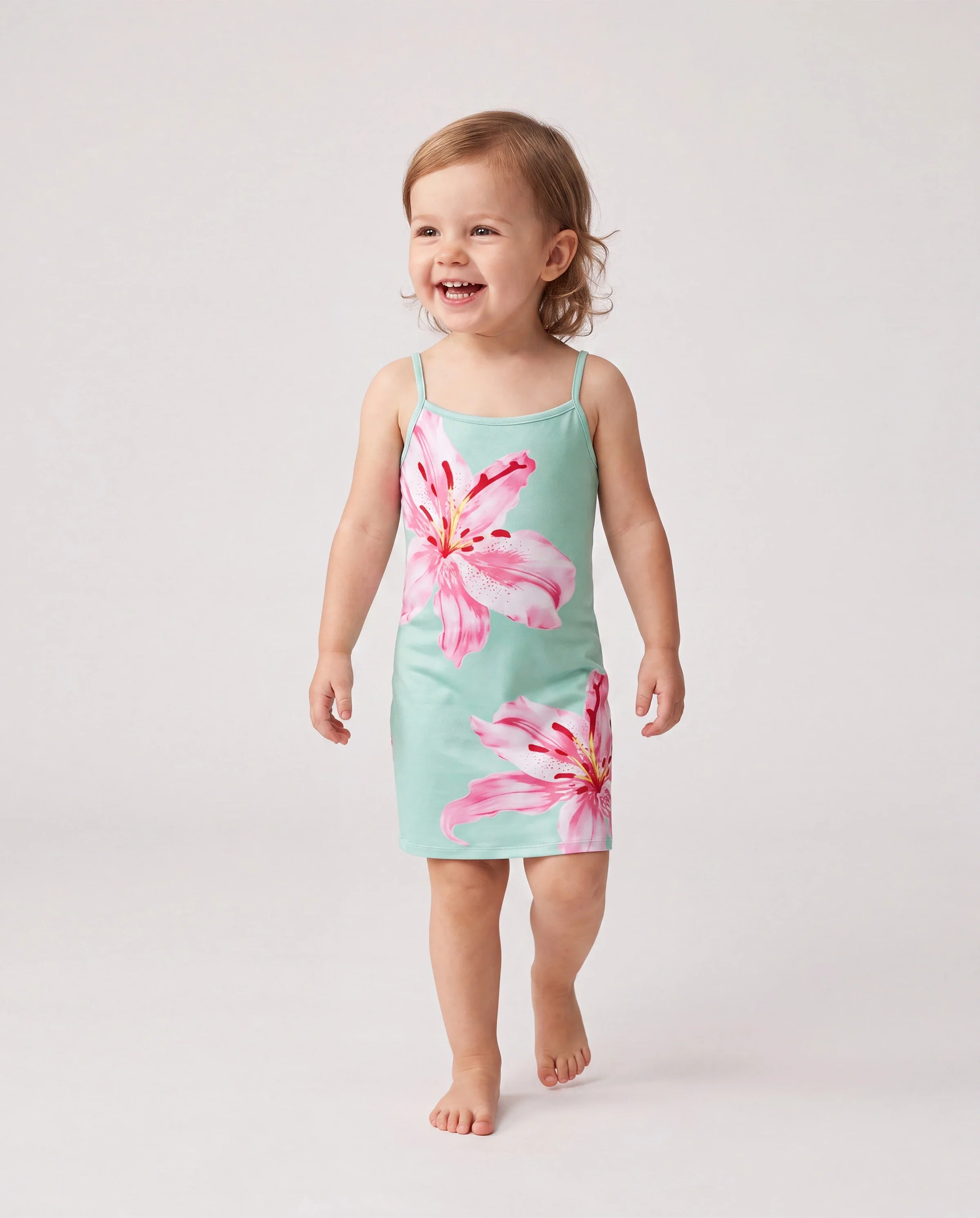 Mommy and Me Casual Flower Print Sleeveless Strappy Dresses Light Green - Image 3