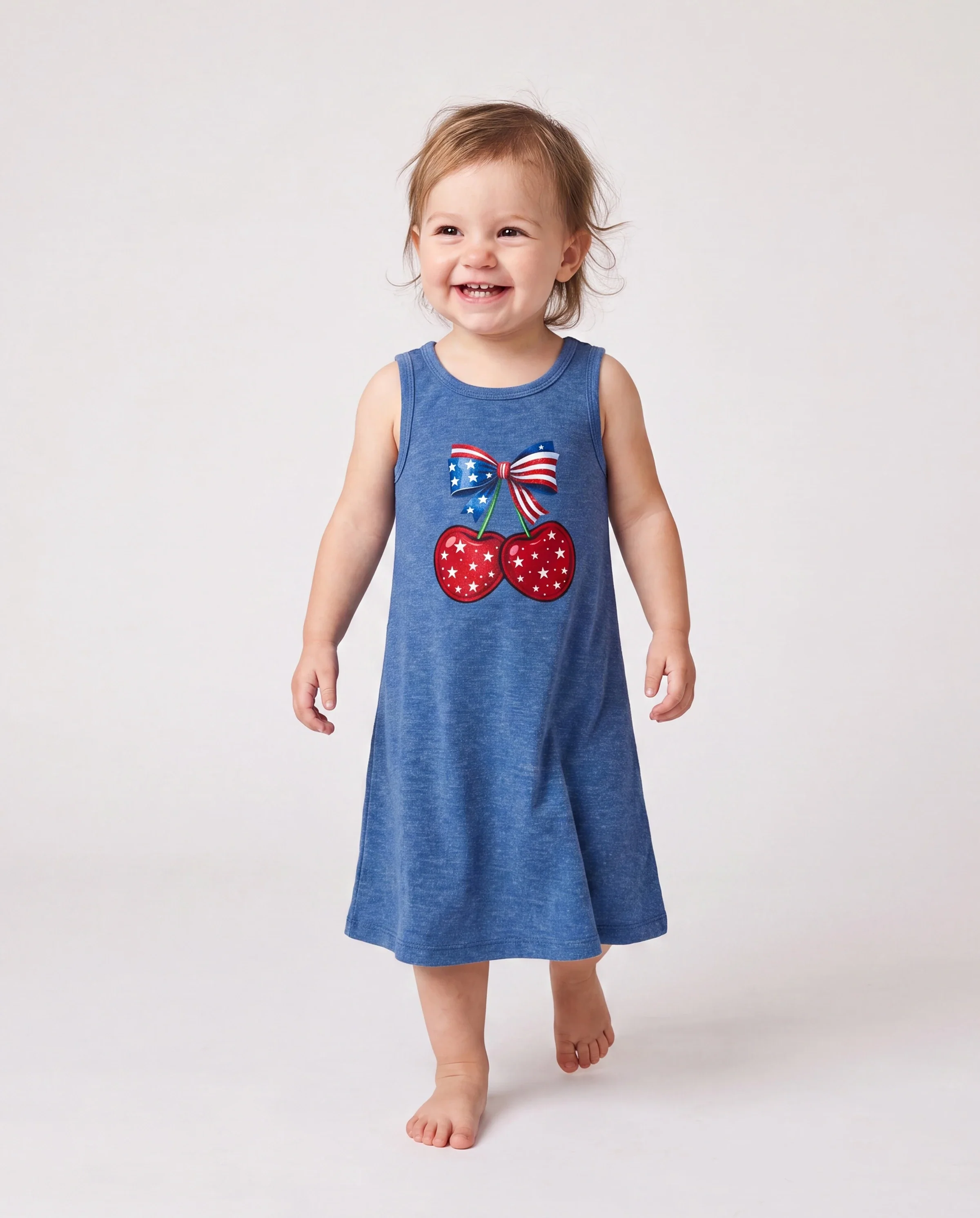 Independence Day Mommy and Me Patriotic Cherry Print Casual Sleeveless Dress Blue - Image 3