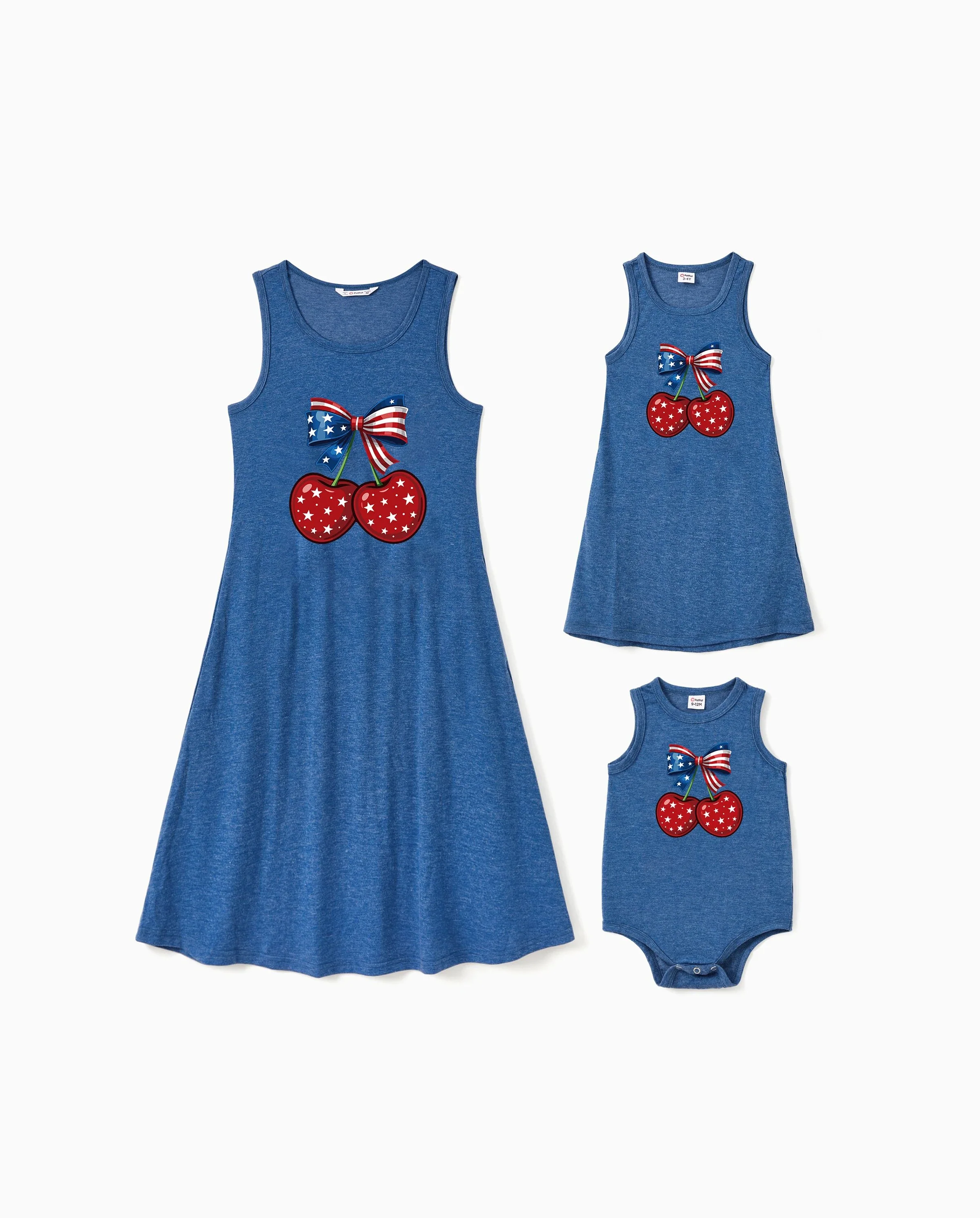 Independence Day Mommy and Me Patriotic Cherry Print Casual Sleeveless Dress Blue - Image 8