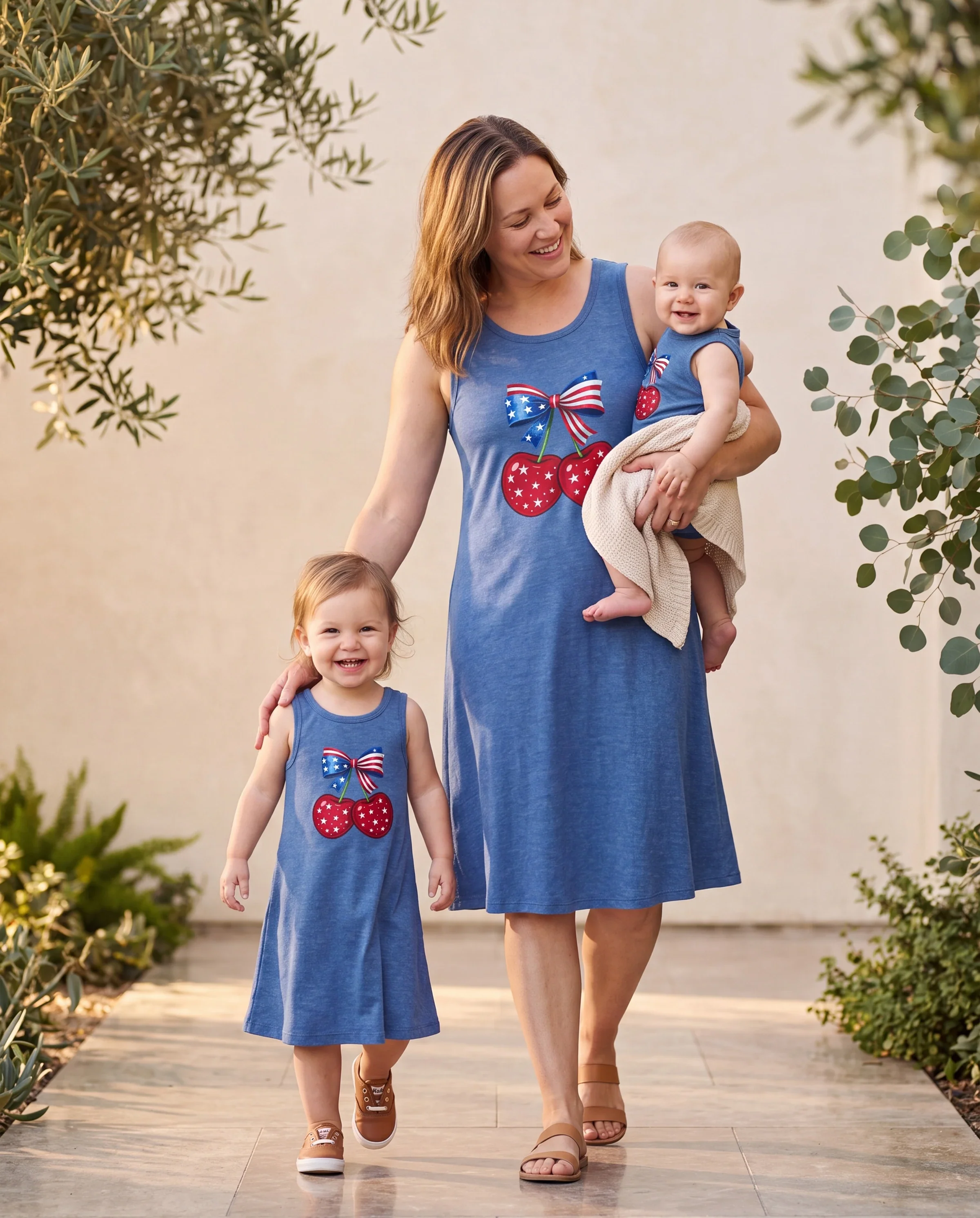 Independence Day Mommy and Me Patriotic Cherry Print Casual Sleeveless Dress Blue - Image 9