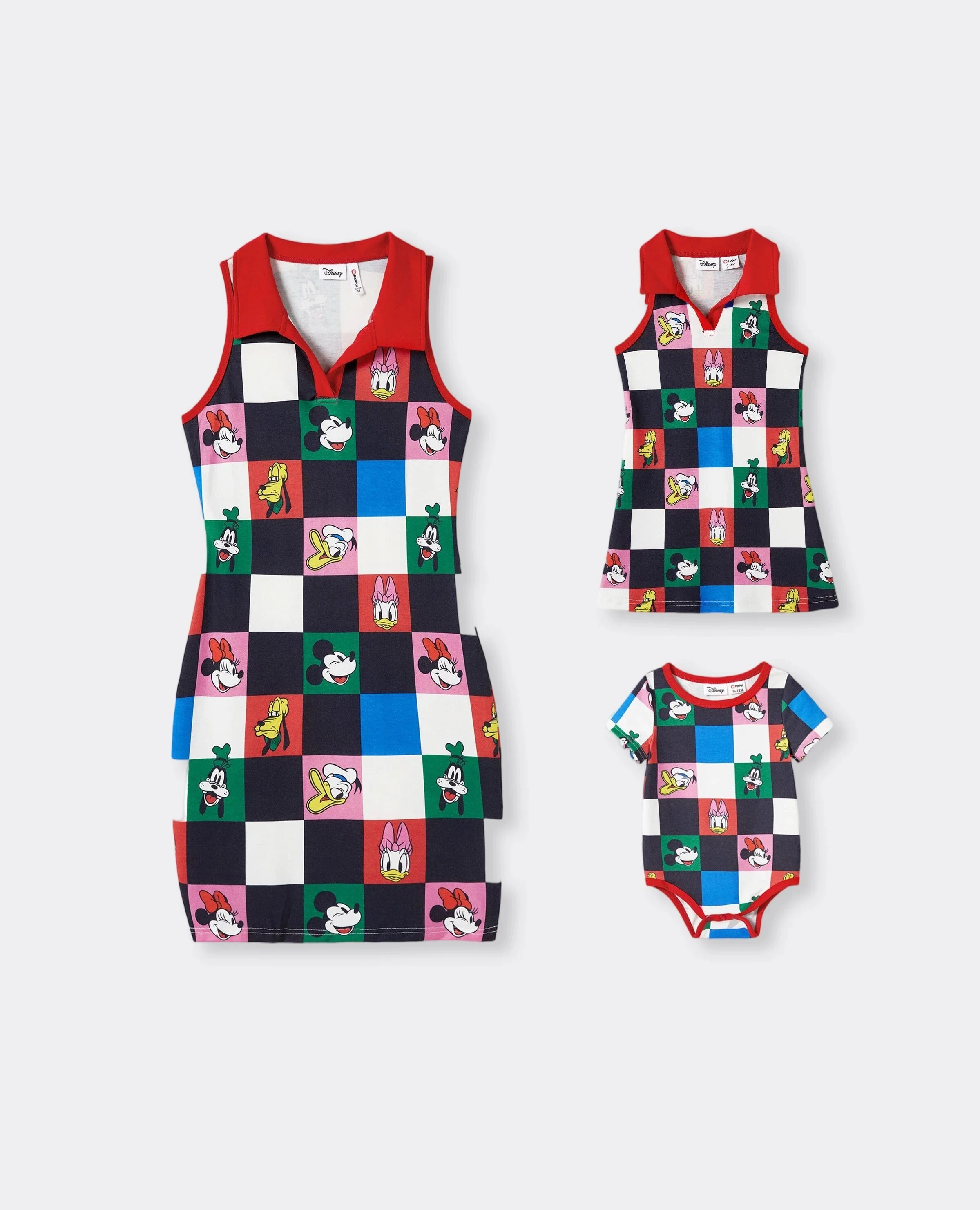 Disney Mickey and Friends Mommy and Me Family Matching Naia™ Colorful Checkered Pattern Top/Sleeveless Dress/Onesie Multi-color
