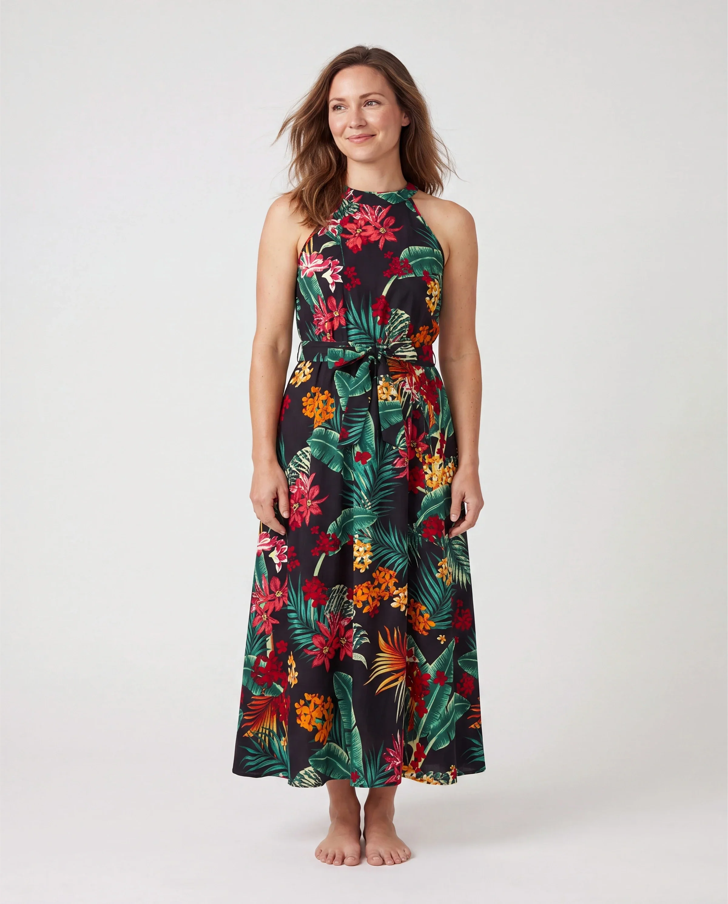 Mommy and Me Family Matching Allover Plant Floral Print Halterneck Dresses and Short-sleeve Shirts Sets Black - Image 2