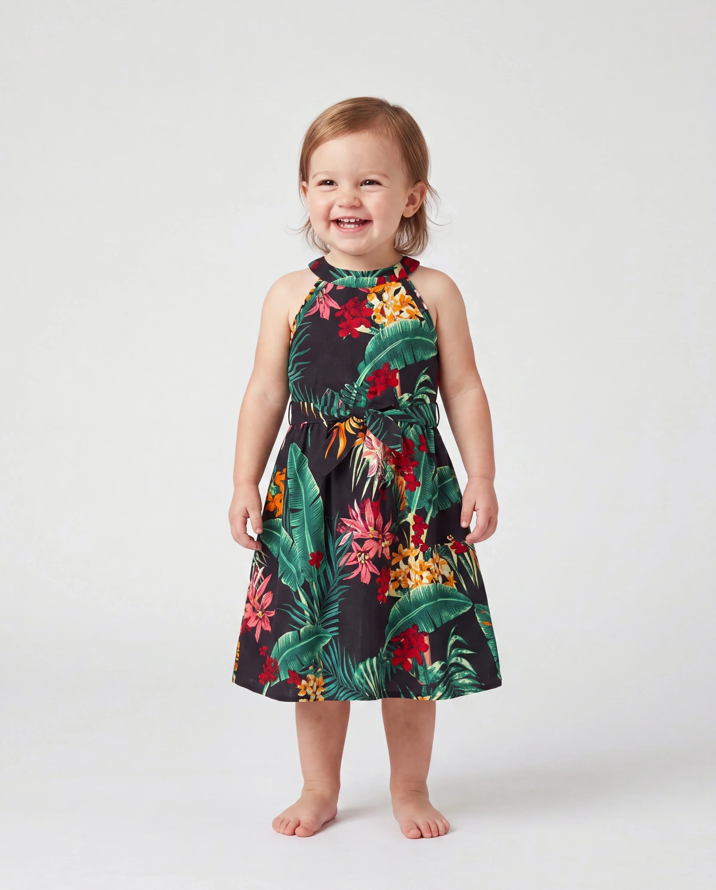 Mommy and Me Family Matching Allover Plant Floral Print Halterneck Dresses and Short-sleeve Shirts Sets Black - Image 3