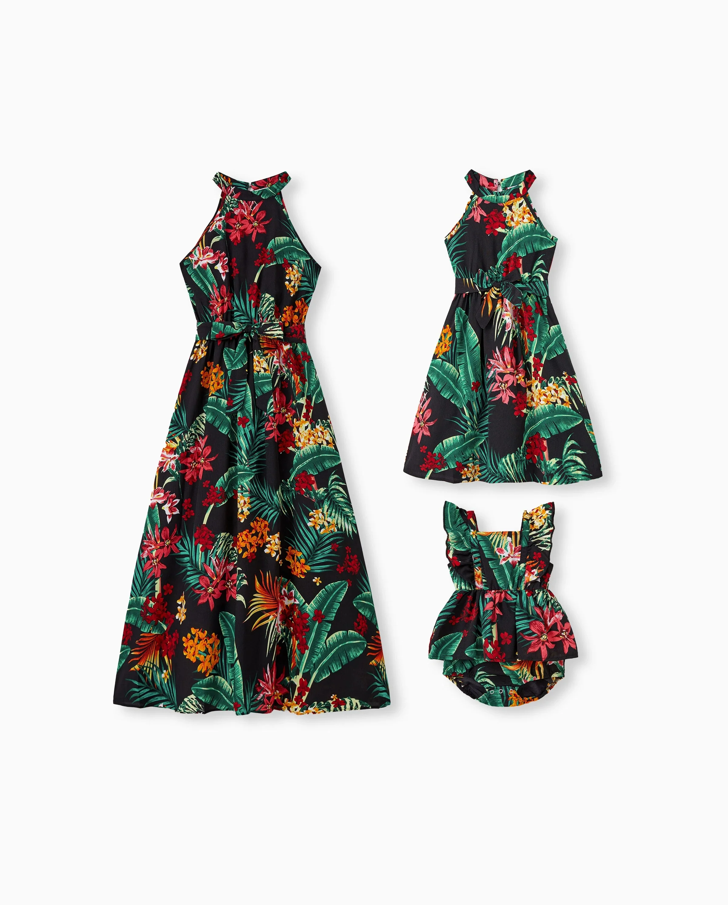 Mommy and Me Family Matching Allover Plant Floral Print Halterneck Dresses and Short-sleeve Shirts Sets Black - Image 8