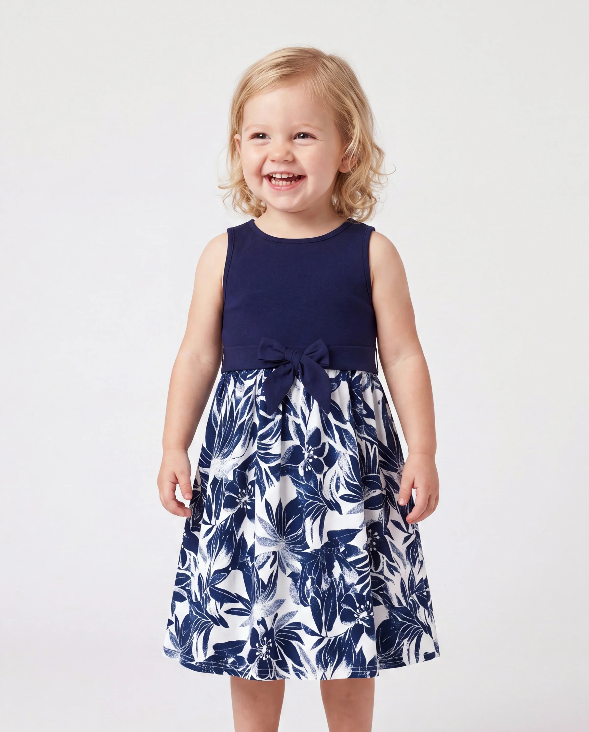 Mommy and Me Family Matching Cotton Tee Flora Print Splicing Shirt or Tank Dress Deep Blue - Image 3