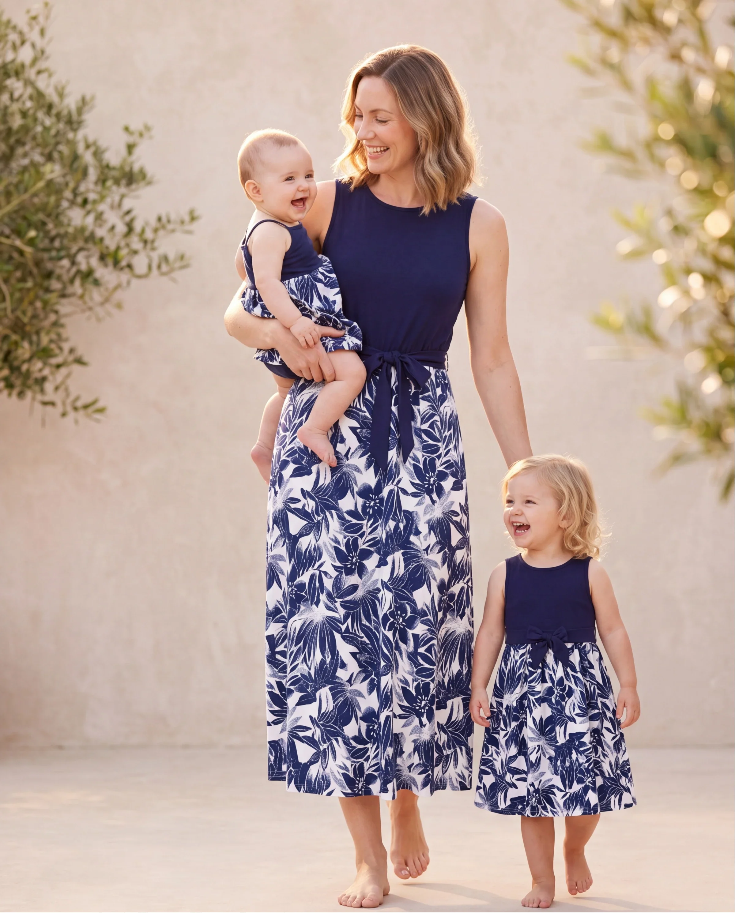 Mommy and Me Family Matching Cotton Tee Flora Print Splicing Shirt or Tank Dress Deep Blue - Image 9