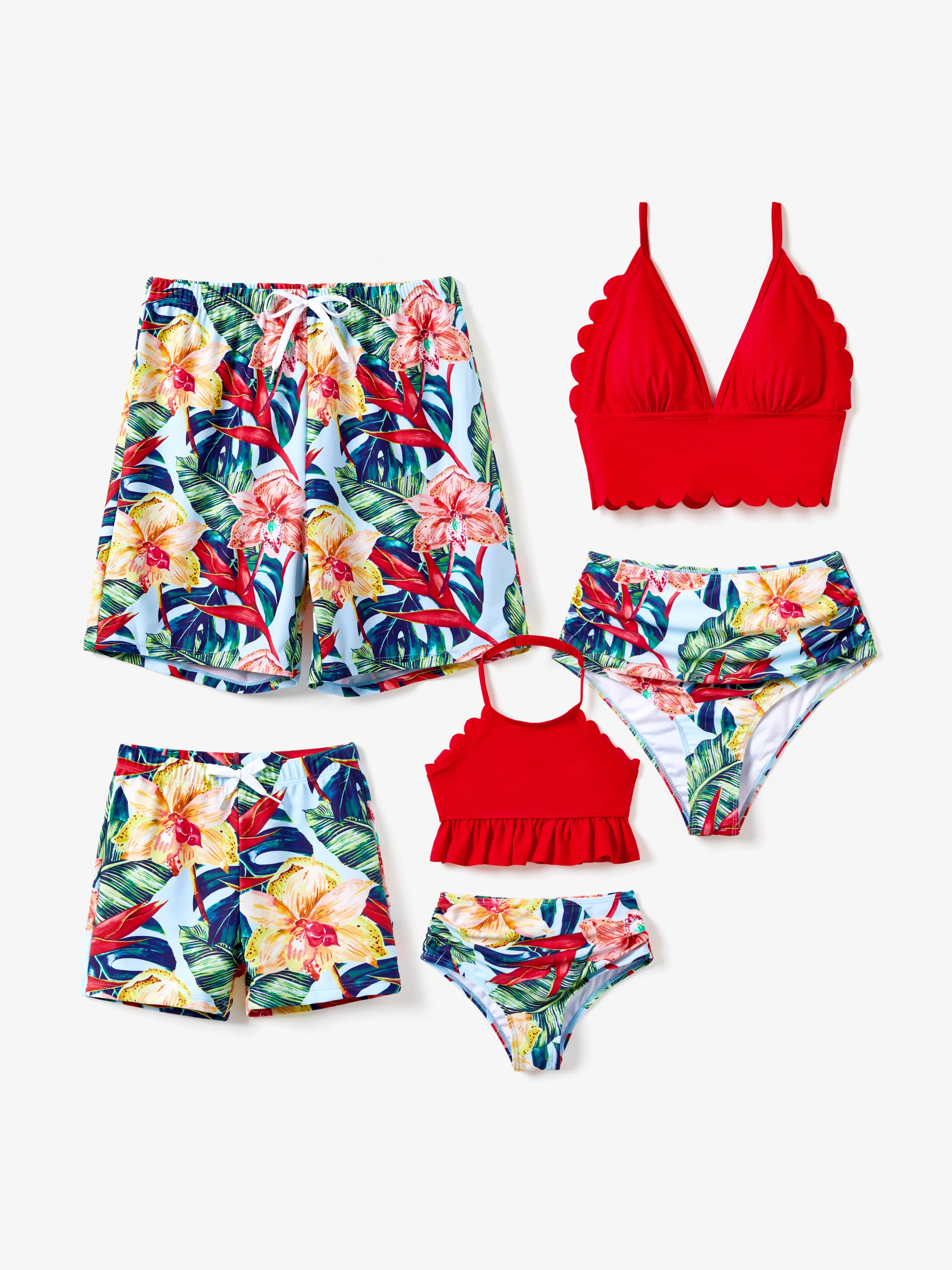 Mommy and Me Family Matching Floral Drawstring Swim Trunks or Ruched Shell Edge Bikini with Optional Swim Cover Up Red - Image 3
