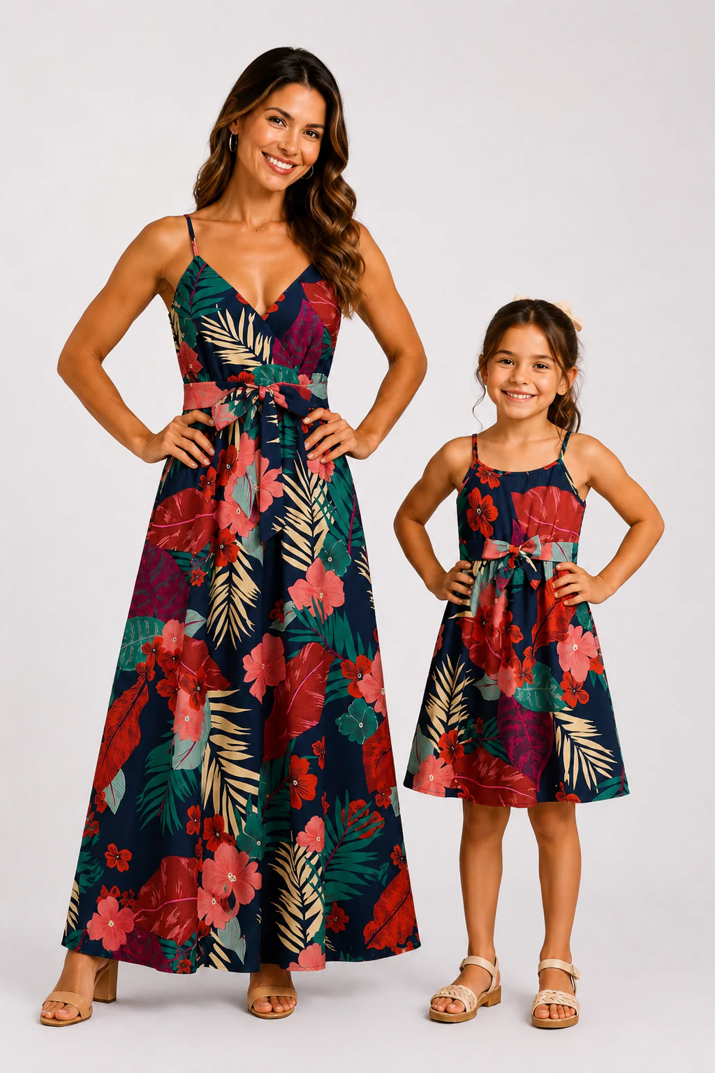 Mommy and Me Family Matching Sets Floral Panel Black tee and V-neck Strap Dress with Hidden Snap Deep Blue