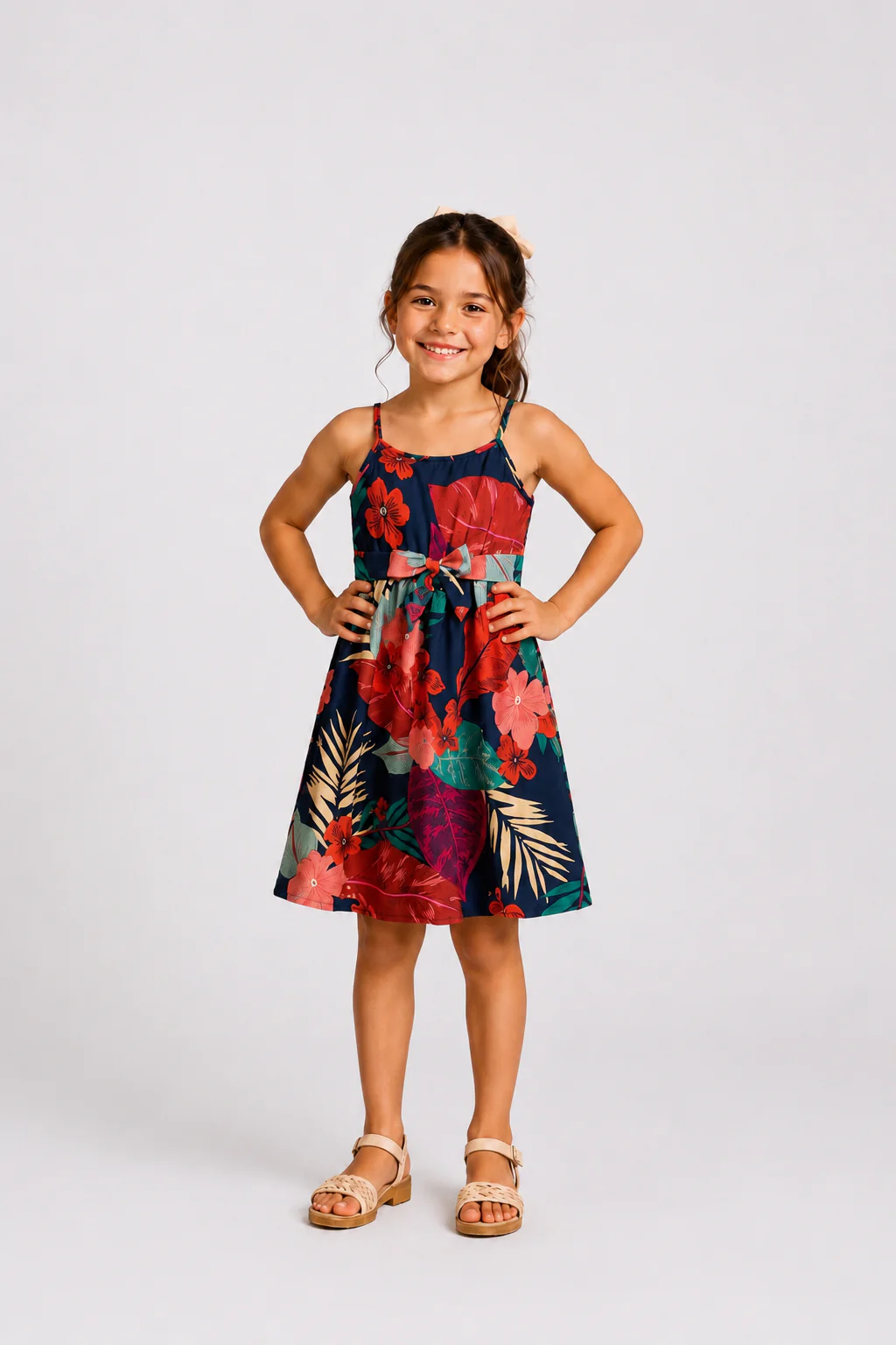 Mommy and Me Family Matching Sets Floral Panel Black tee and V-neck Strap Dress with Hidden Snap Deep Blue - Image 4