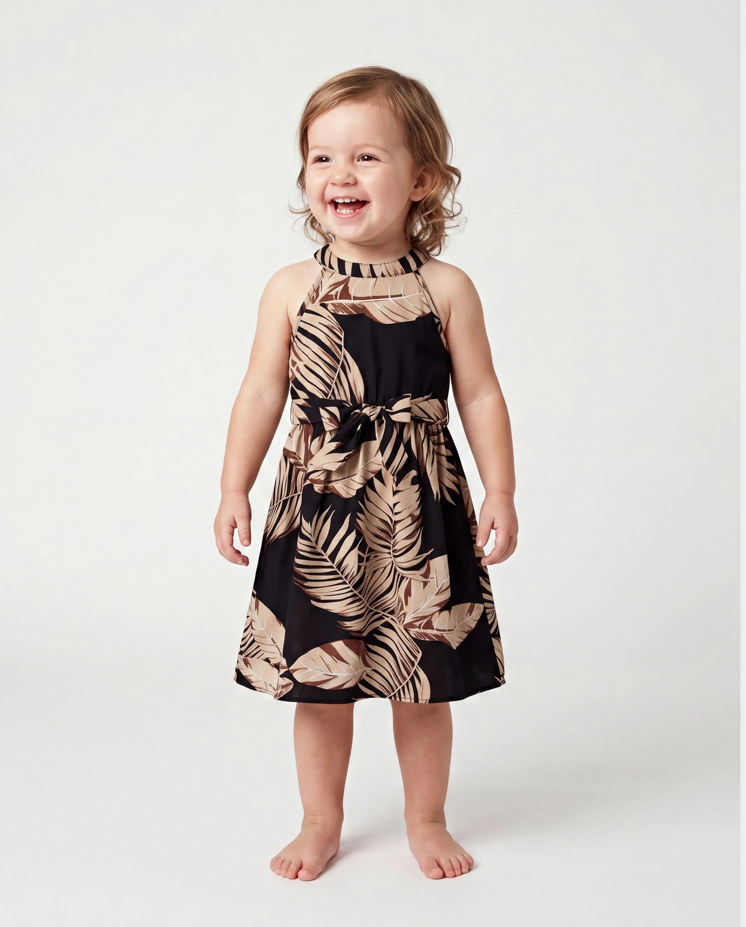 Mommy and Me Family Matching Solid Leaf Sleeveless Halter Dresses And Short Sleeve Tops Sets Black - Image 3