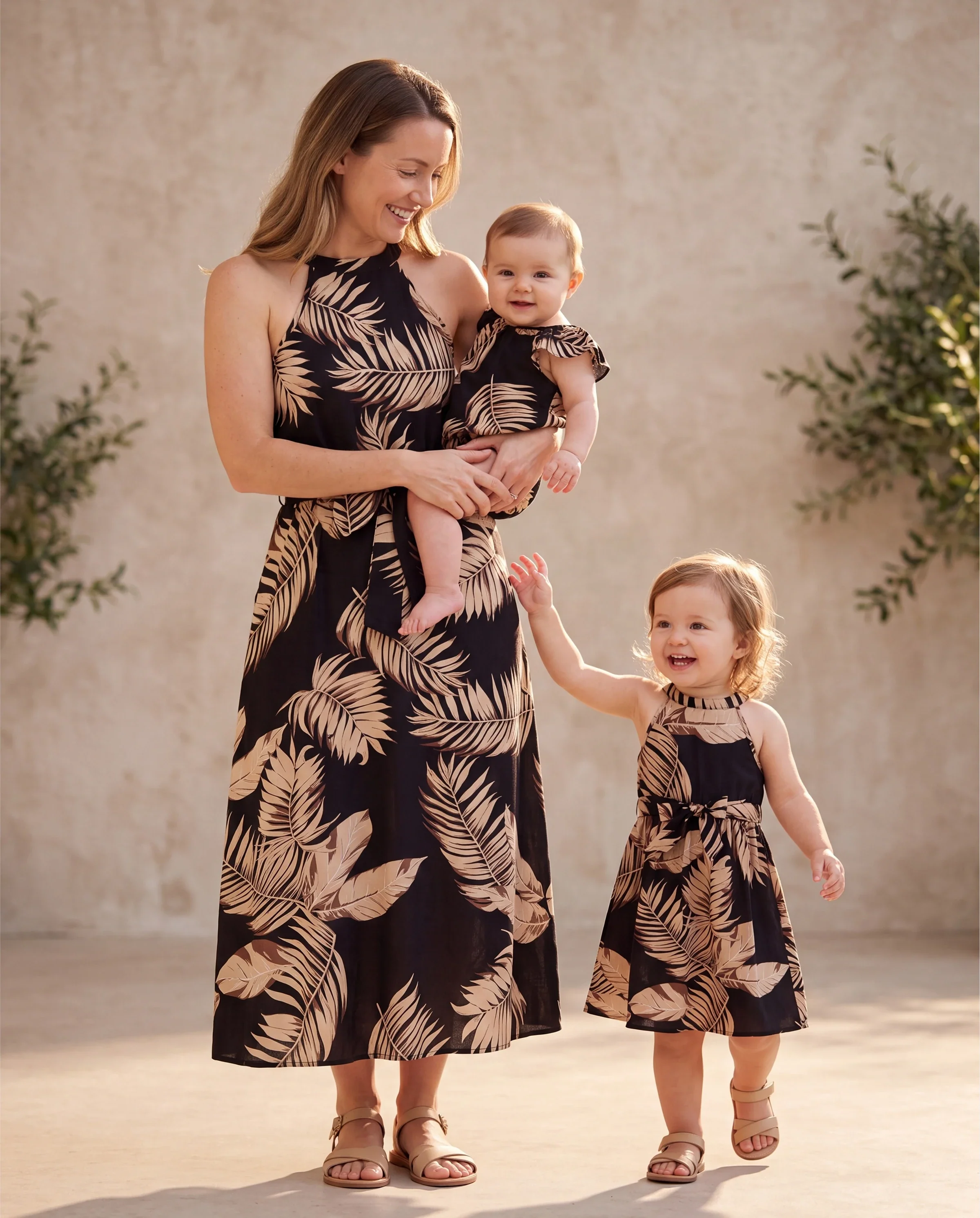 Mommy and Me Family Matching Solid Leaf Sleeveless Halter Dresses And Short Sleeve Tops Sets Black - Image 9