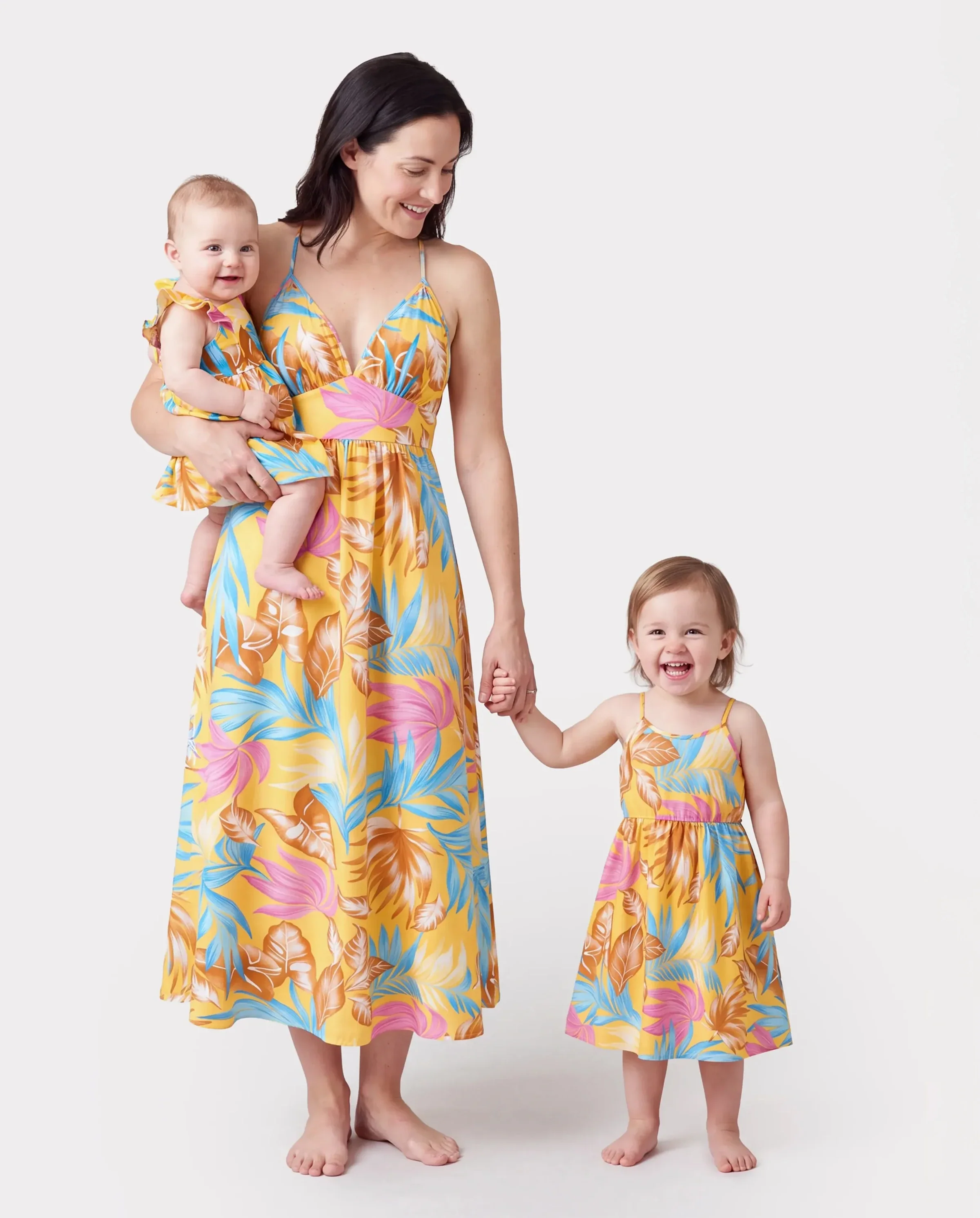 Mommy and Me Family Matching Yellow Set Tropical Leaf Print Short-sleeve Shirt or Strap Dress Yellow