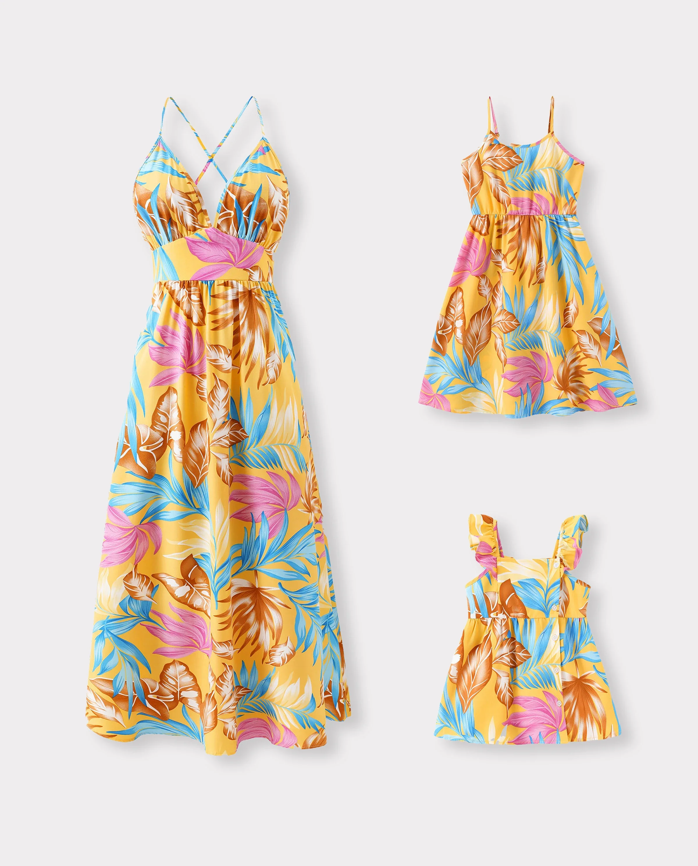 Mommy and Me Family Matching Yellow Set Tropical Leaf Print Short-sleeve Shirt or Strap Dress Yellow - Image 8