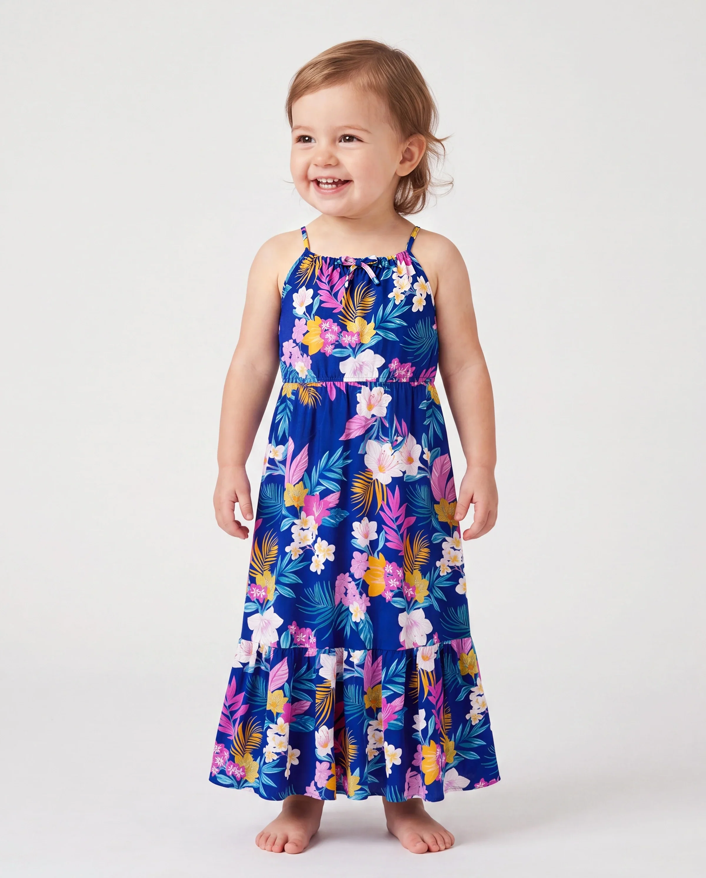 Mommy and Me Matching Family Hawaiian Outfits Tropical Floral Print Strap Dress or Short-sleeve Shirts & Shorts Set Summer Beachwear Set for Vacation Deep Blue - Image 3