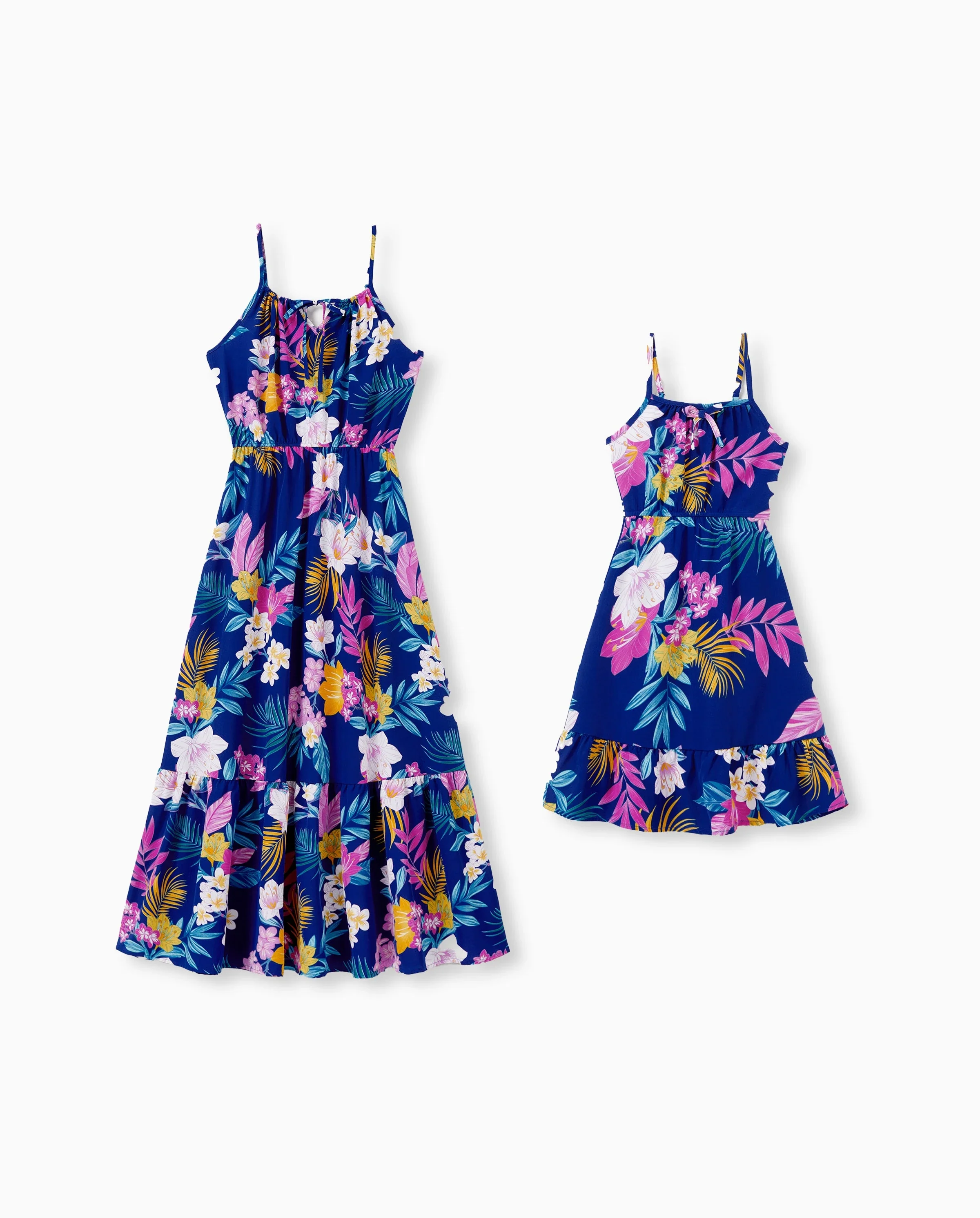 Mommy and Me Matching Family Hawaiian Outfits Tropical Floral Print Strap Dress or Short-sleeve Shirts & Shorts Set Summer Beachwear Set for Vacation Deep Blue - Image 7