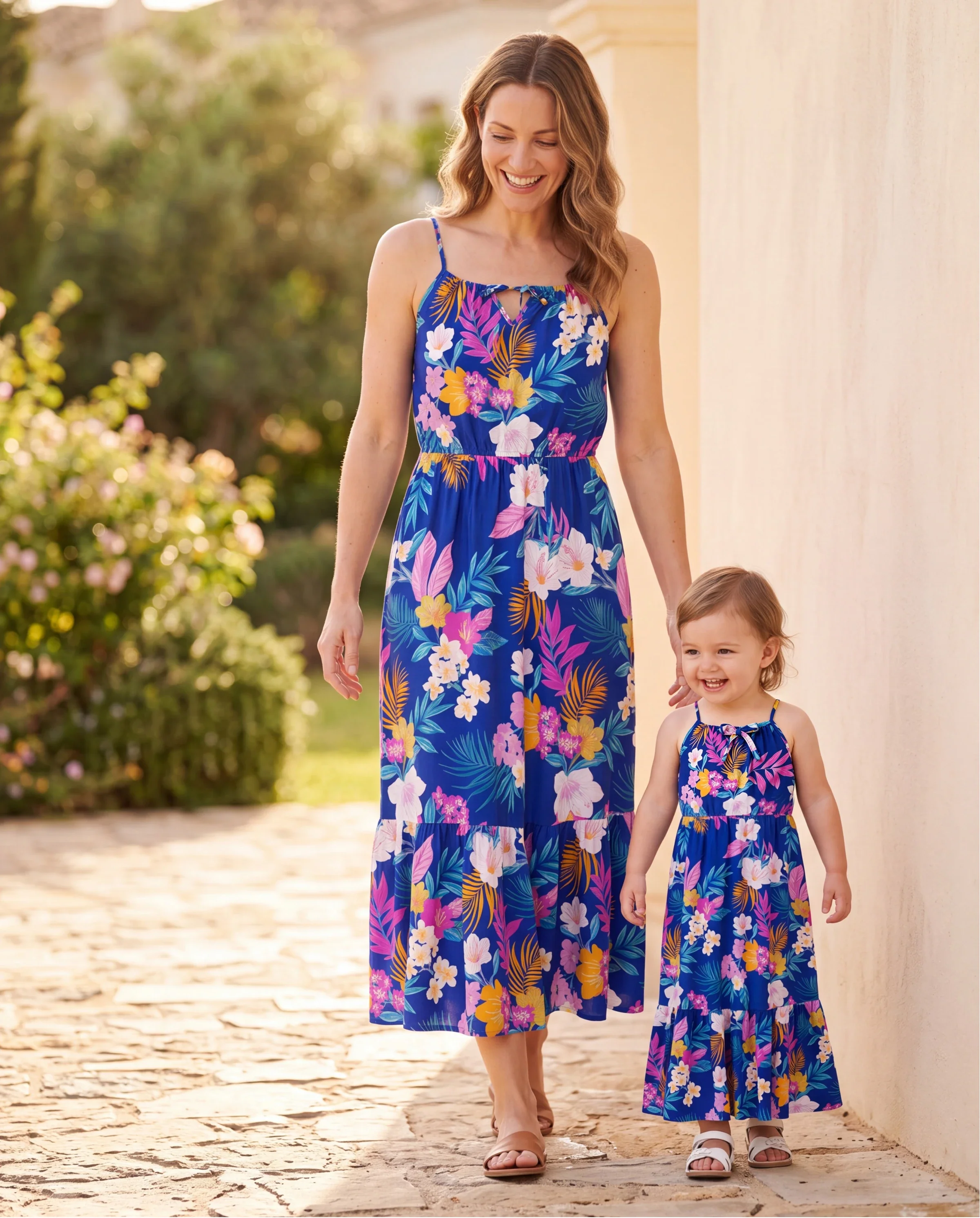 Mommy and Me Matching Family Hawaiian Outfits Tropical Floral Print Strap Dress or Short-sleeve Shirts & Shorts Set Summer Beachwear Set for Vacation Deep Blue - Image 8