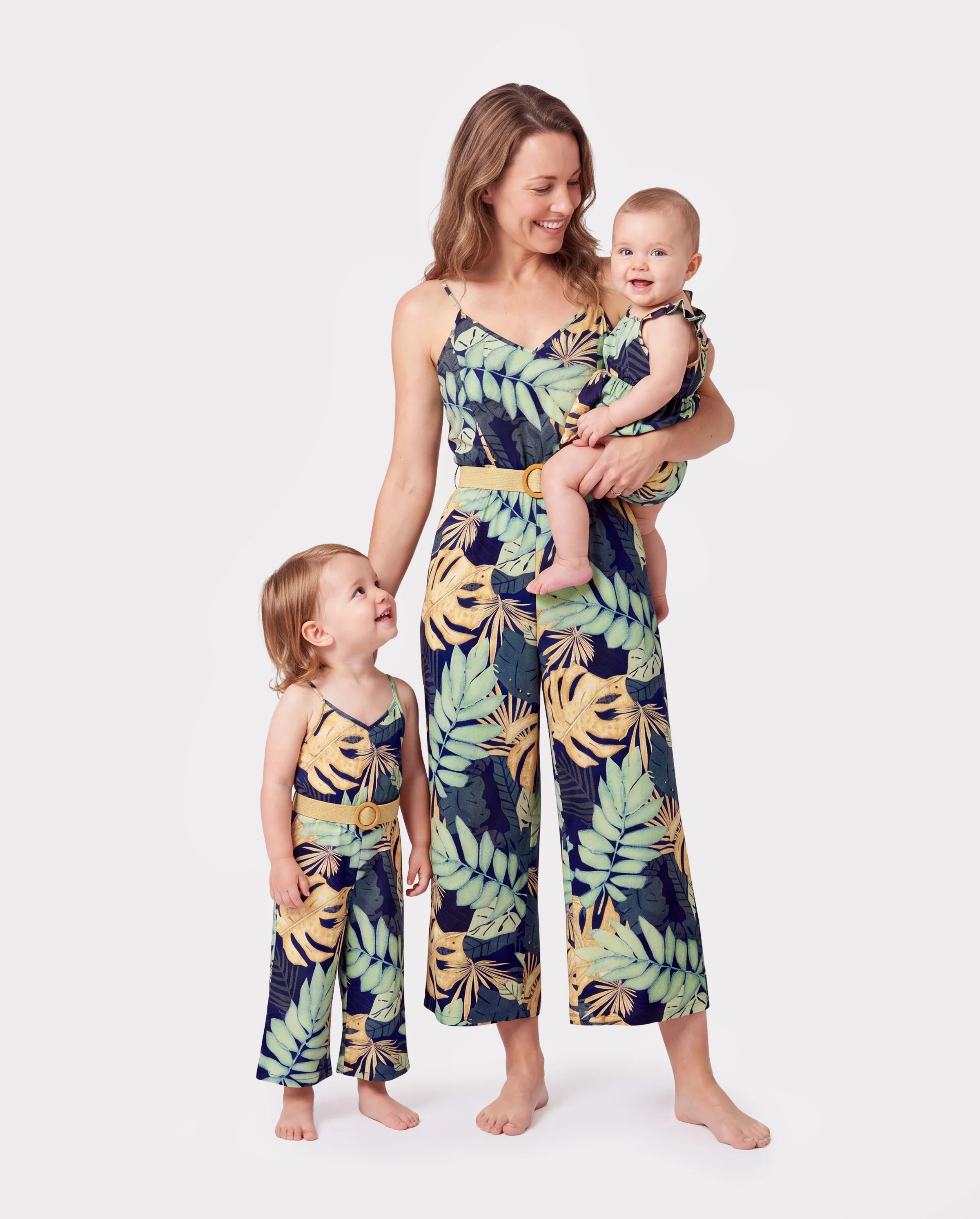 Mommy and Me Tropical Leaf Print Jumpsuit Set, Spaghetti Strap Belted Matching Outfits for Summer Beach Vacation Tibetan blue