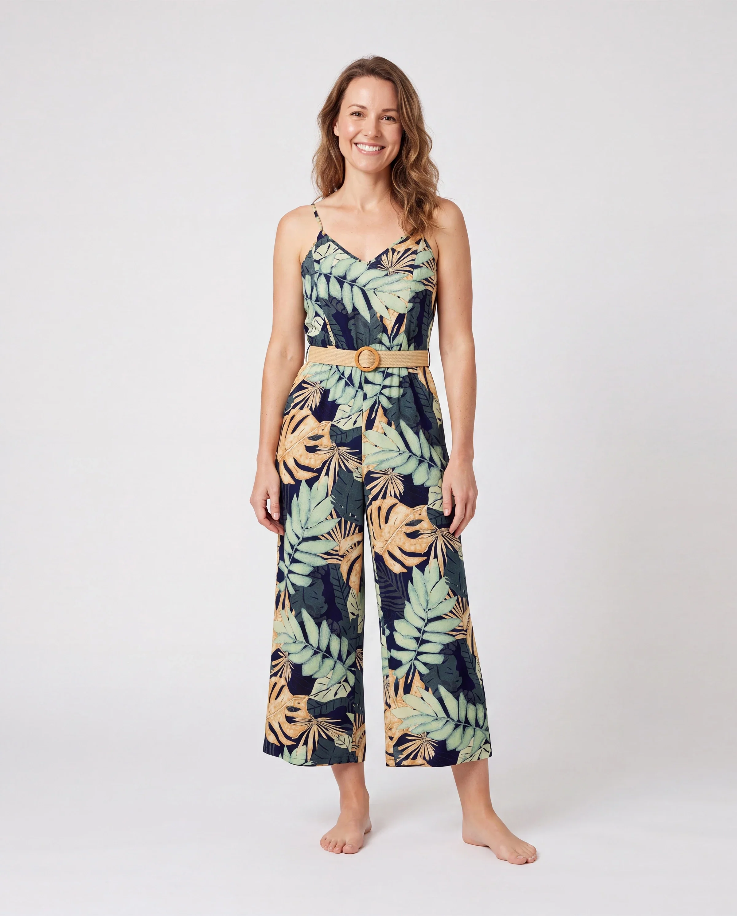 Mommy and Me Tropical Leaf Print Jumpsuit Set, Spaghetti Strap Belted Matching Outfits for Summer Beach Vacation Tibetan blue - Image 2
