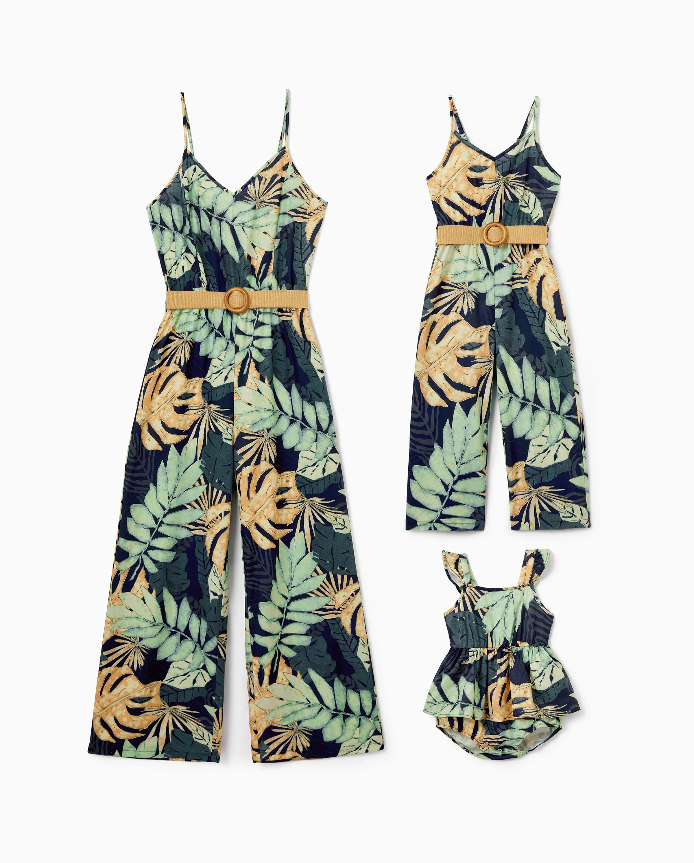 Mommy and Me Tropical Leaf Print Jumpsuit Set, Spaghetti Strap Belted Matching Outfits for Summer Beach Vacation Tibetan blue - Image 8