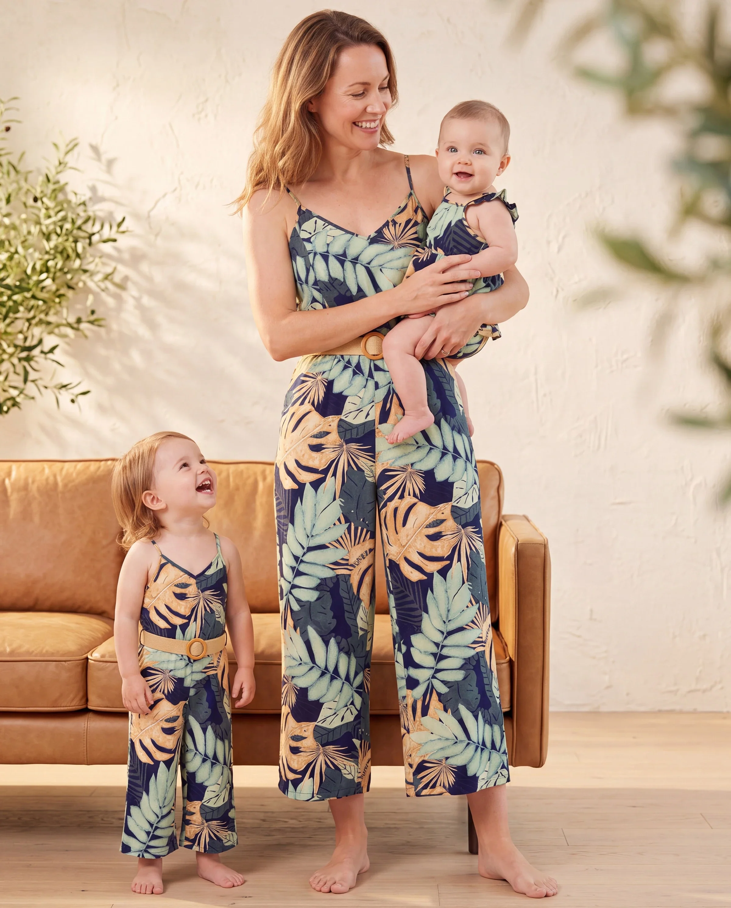 Mommy and Me Tropical Leaf Print Jumpsuit Set, Spaghetti Strap Belted Matching Outfits for Summer Beach Vacation Tibetan blue - Image 9