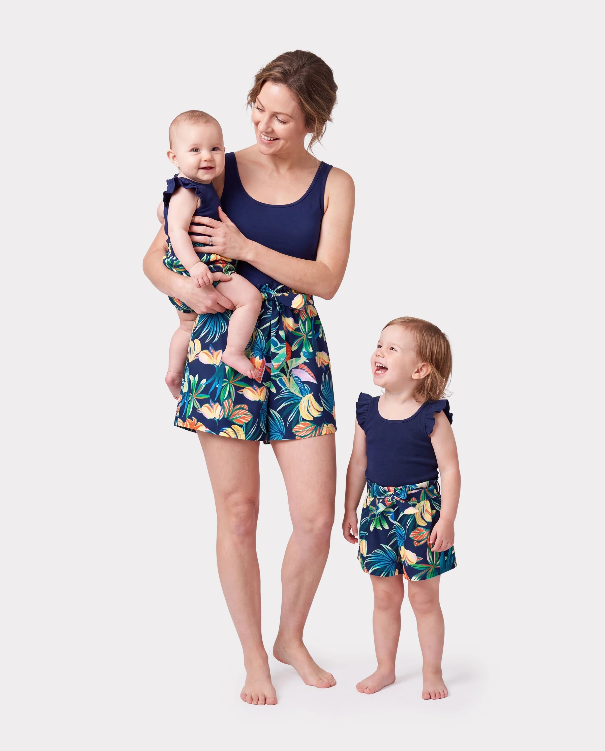 Mommy and Me Tropical Leaves Print Sleeveless Rompers with Belted Shorts Matching Set Deep Blue