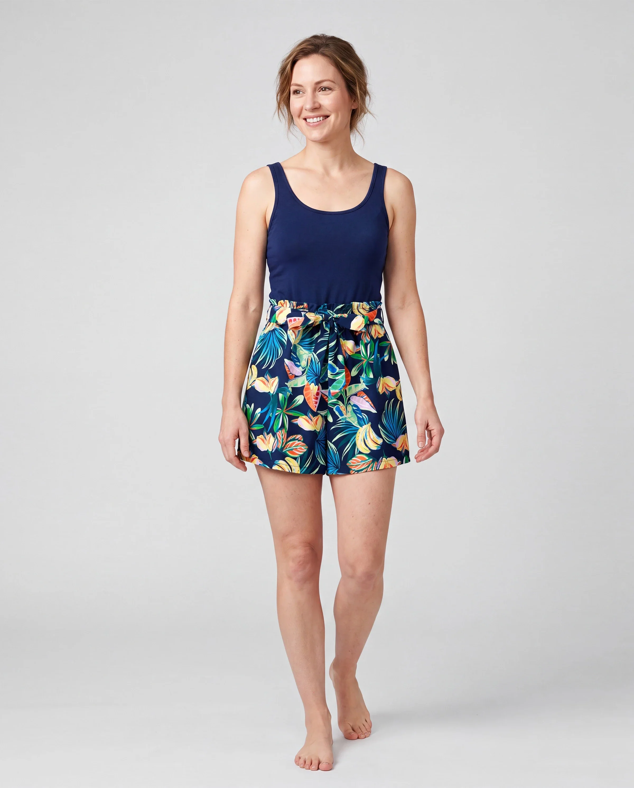 Mommy and Me Tropical Leaves Print Sleeveless Rompers with Belted Shorts Matching Set Deep Blue - Image 2