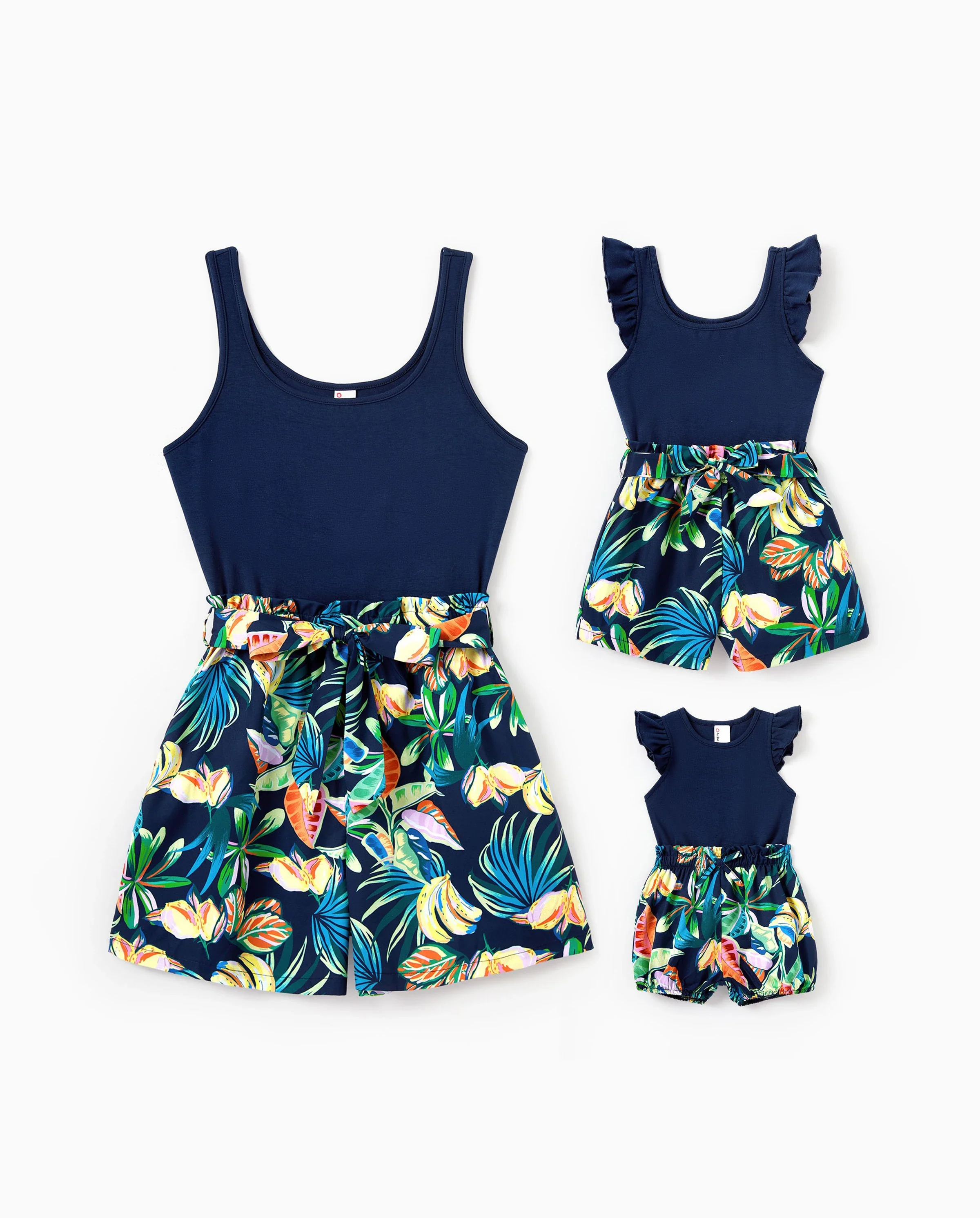 Mommy and Me Tropical Leaves Print Sleeveless Rompers with Belted Shorts Matching Set Deep Blue - Image 8