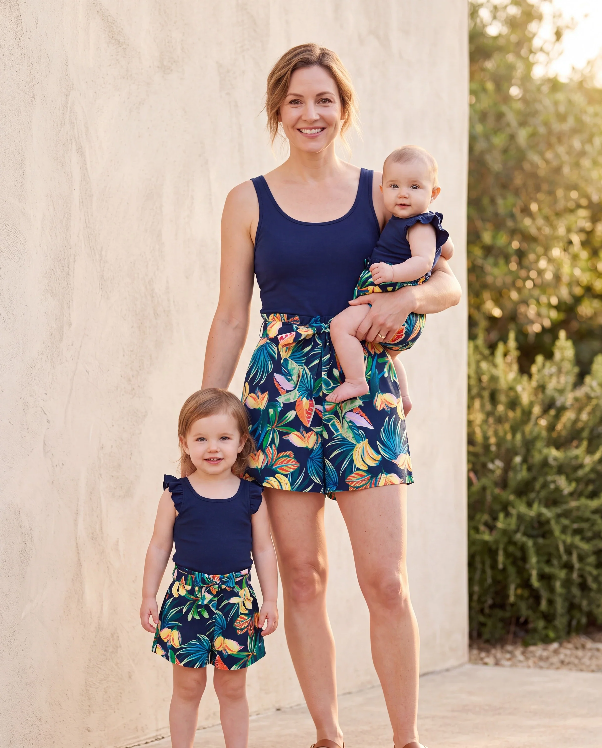 Mommy and Me Tropical Leaves Print Sleeveless Rompers with Belted Shorts Matching Set Deep Blue - Image 9