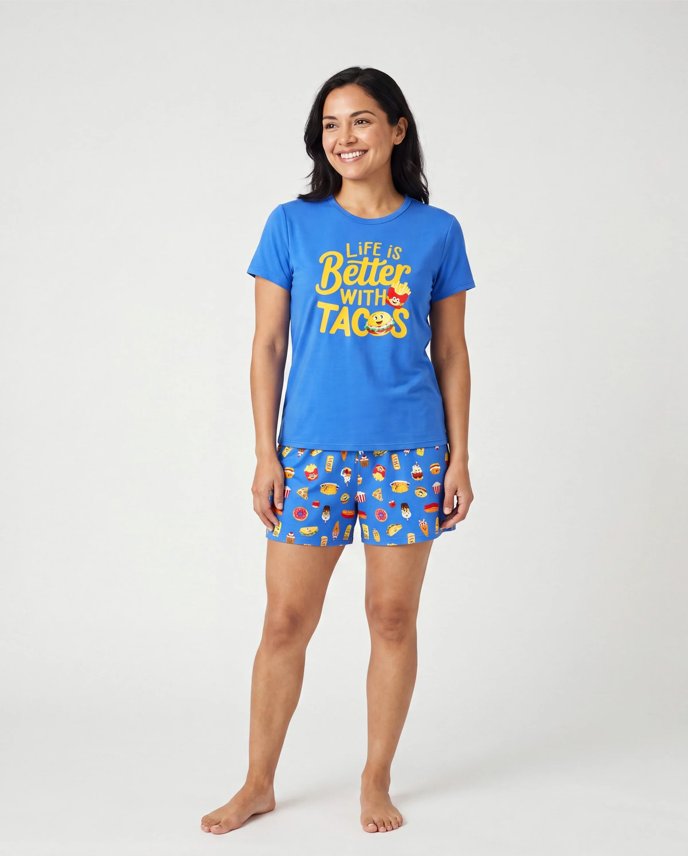 Mommy & me Bamboo Pajamas Buttery Soft Bamboo PJs for Men Women Kids Toddler, Cute Burger & Fries Print Short Sleeve Sleepwear (Snug-Fitting for Children) Royal Blue - Image 2