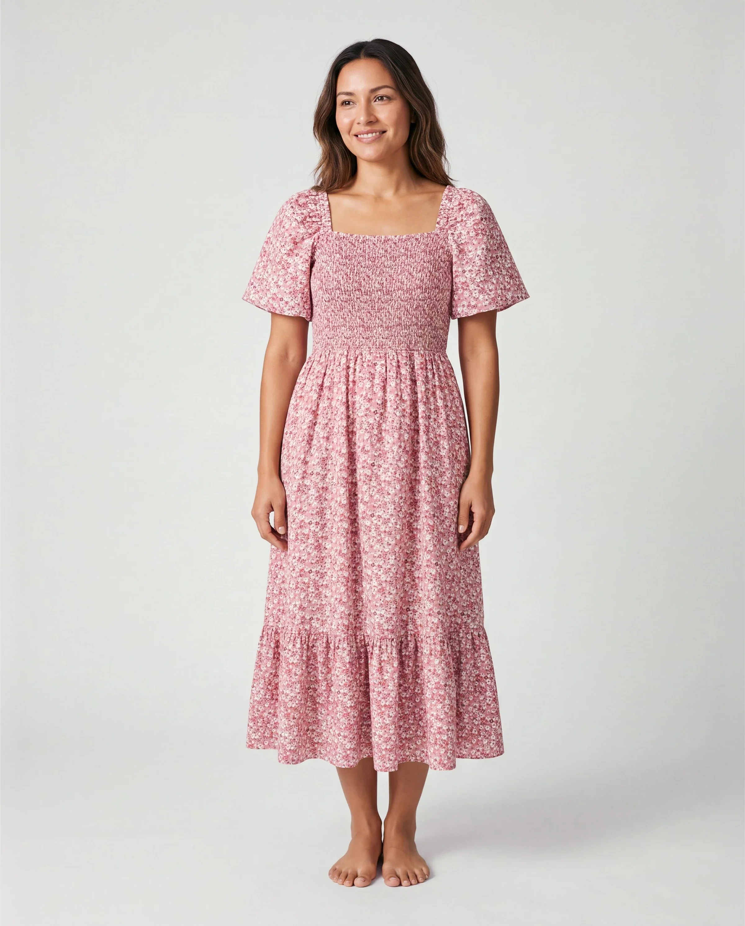 Mommy & me Blue Flora Print Smocking Puff-sleeve Dress Set Pink - Image 2