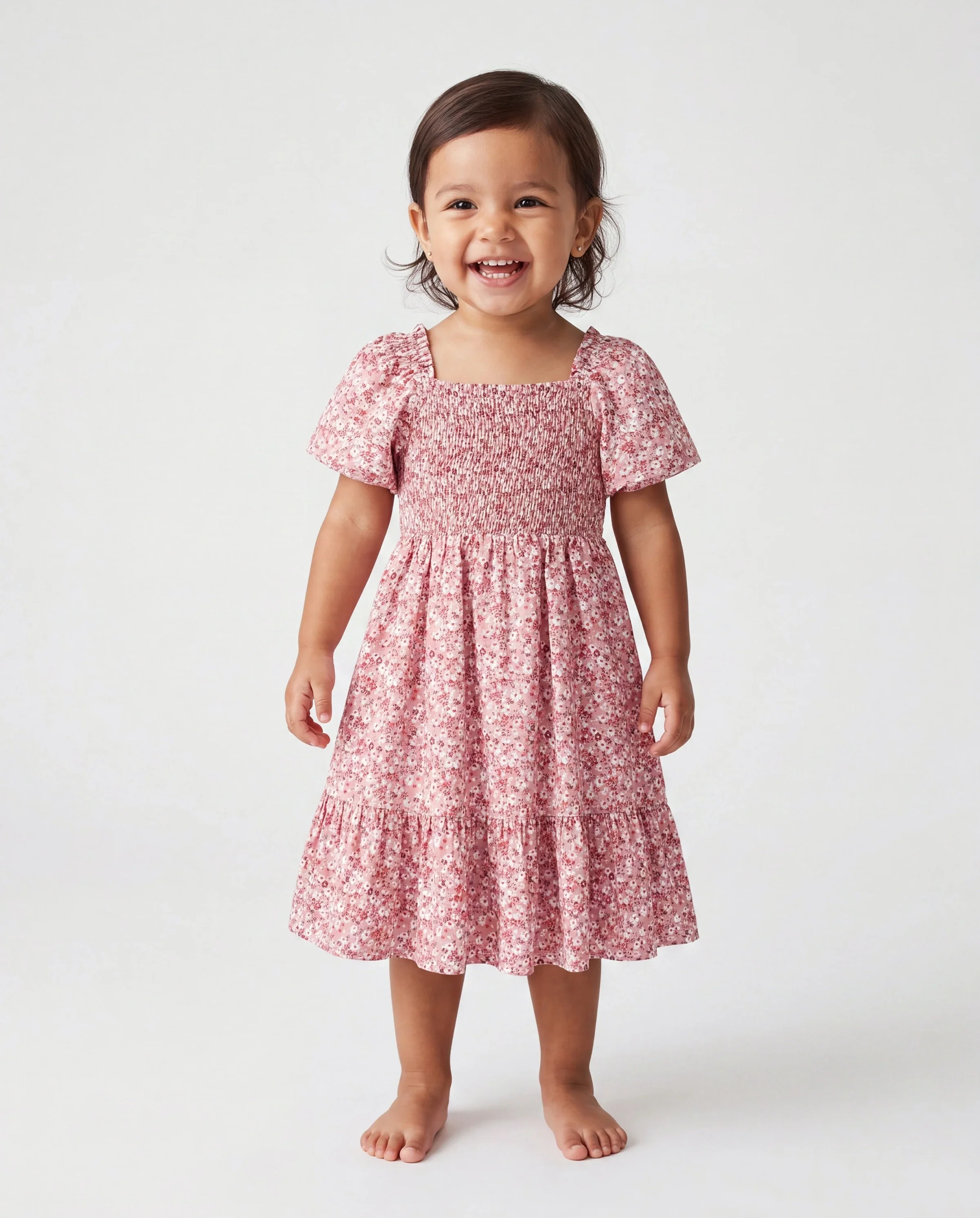 Mommy & me Blue Flora Print Smocking Puff-sleeve Dress Set Pink - Image 3