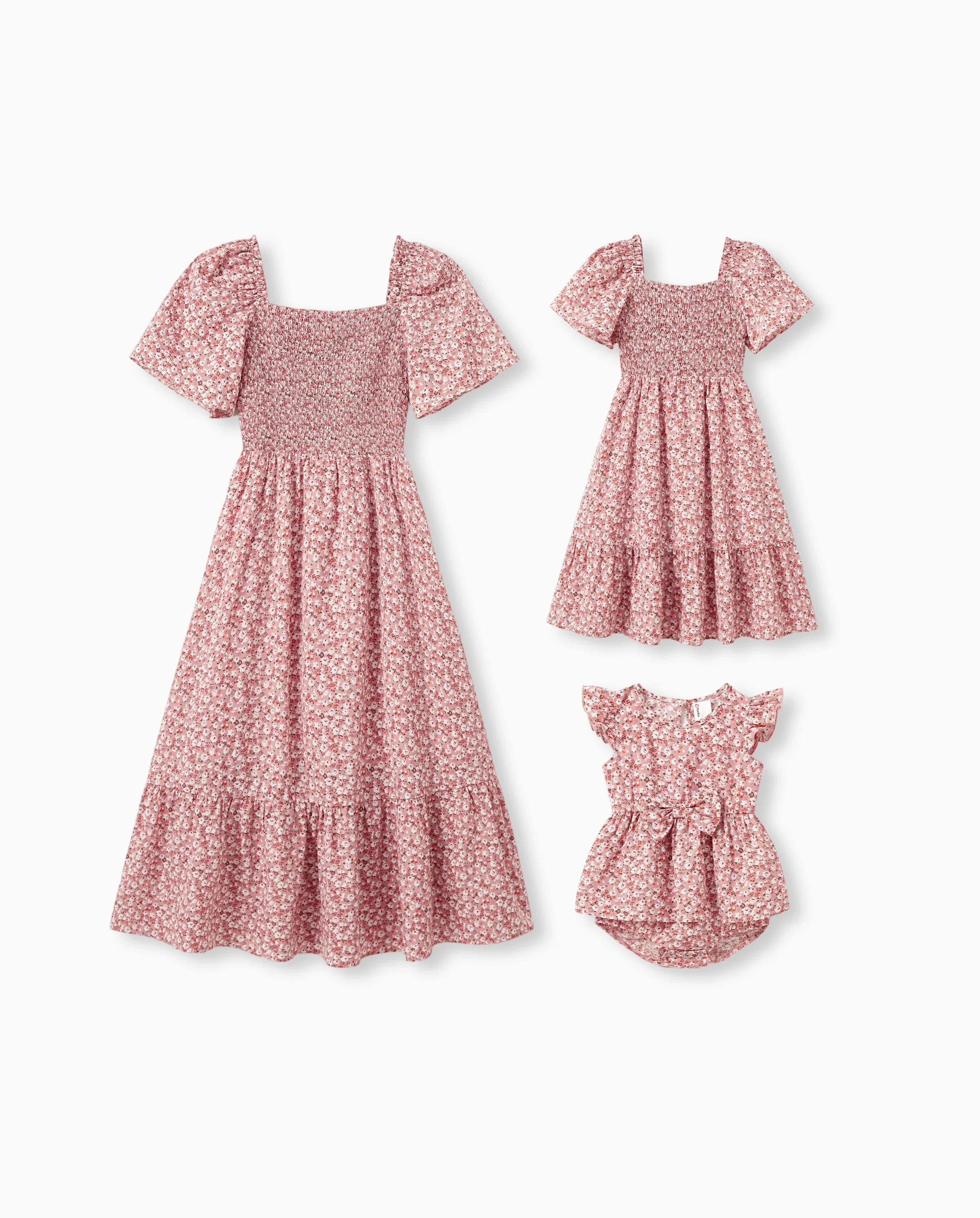 Mommy & me Blue Flora Print Smocking Puff-sleeve Dress Set Pink - Image 7