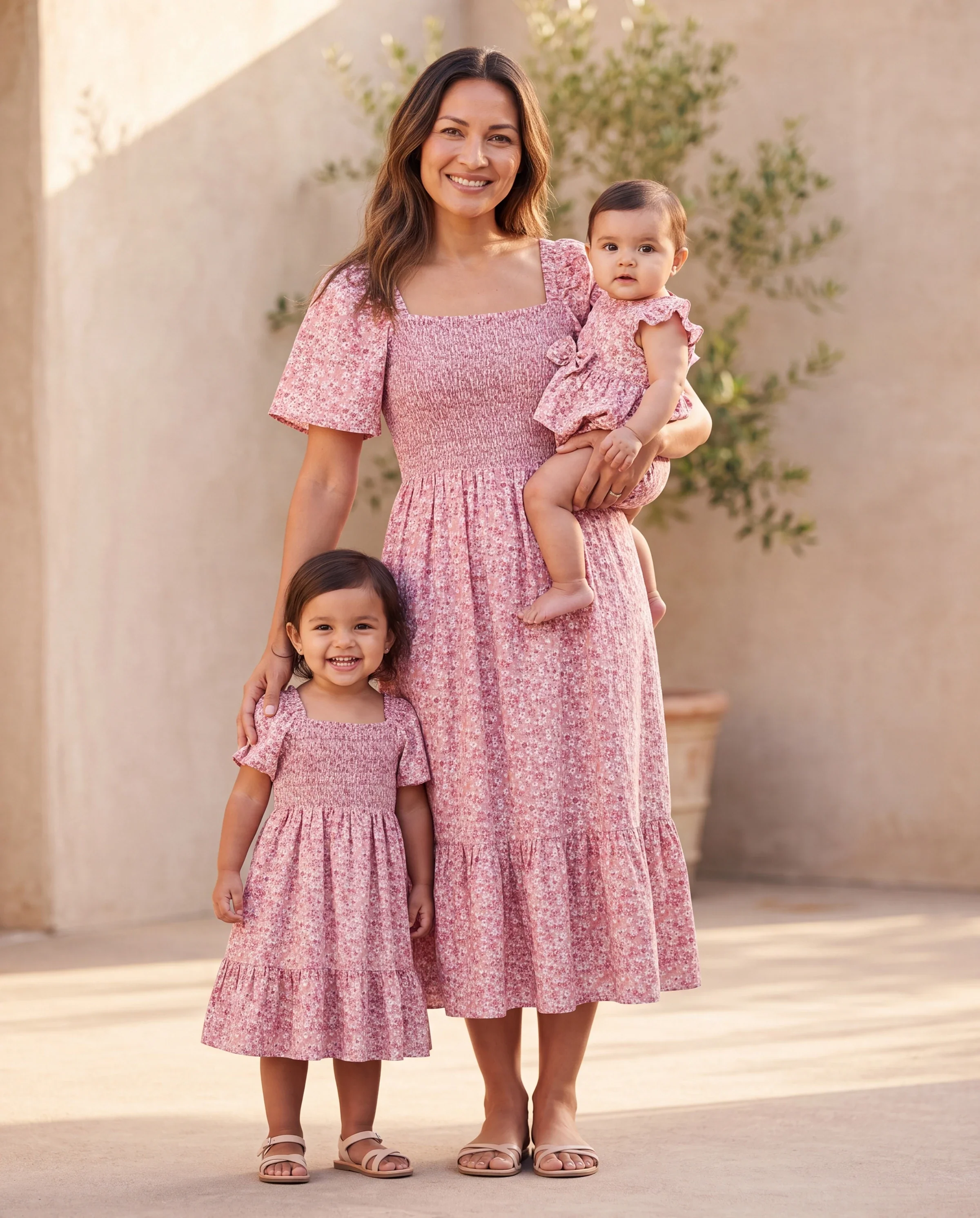 Mommy & me Blue Flora Print Smocking Puff-sleeve Dress Set Pink - Image 9