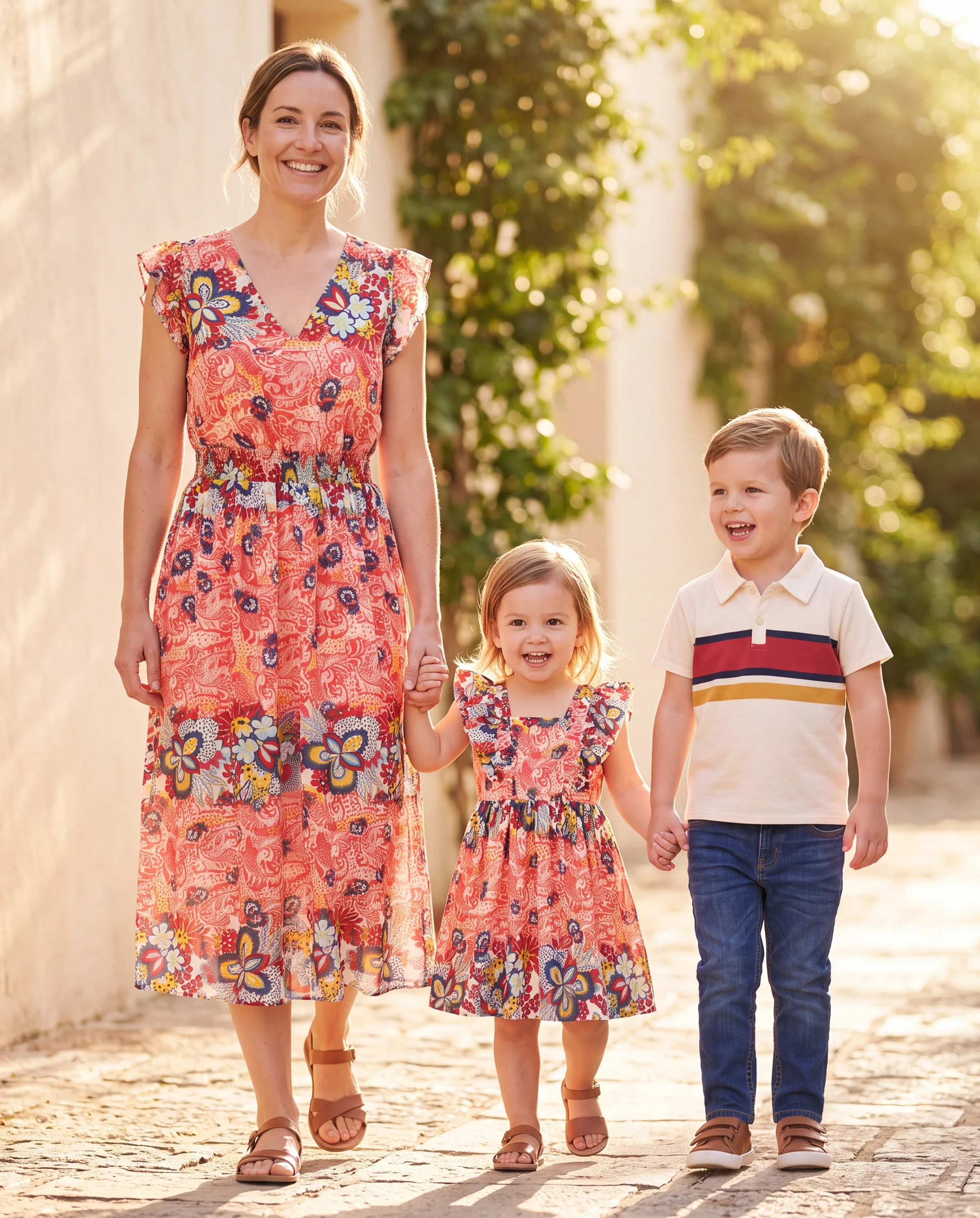 Mommy & me Casual Outfit Colorblock Polo Collar T-shirt or Floral Print Flutter Sleeveless Dress Set Orange red - Image 9