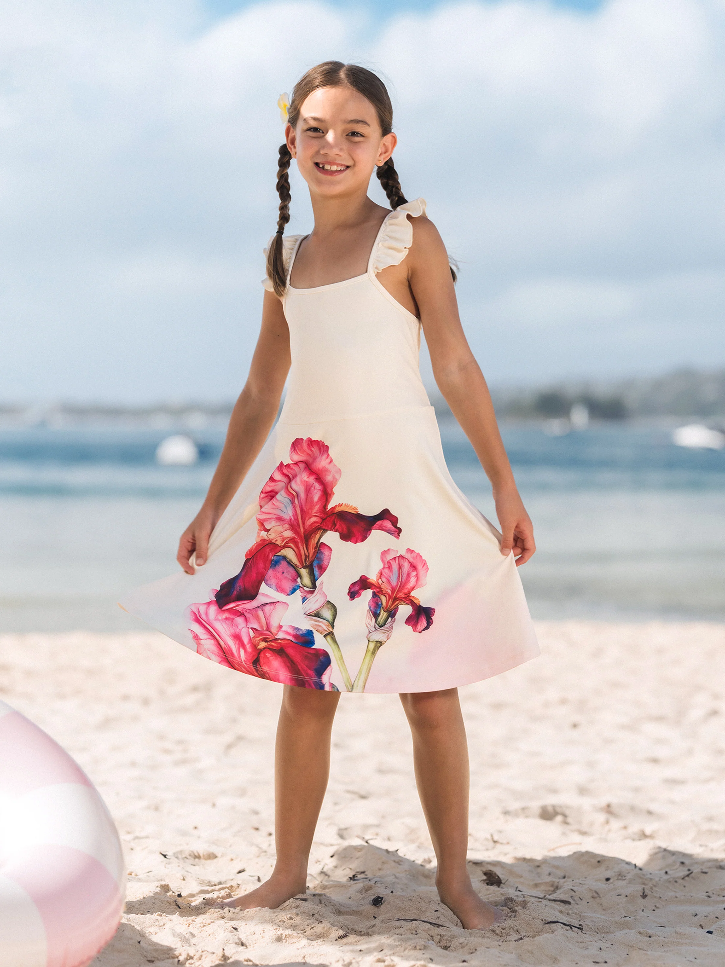 Toddler/Kid Girl Casual Floral Print Halter Dress Summer Set for Vacation Apricot