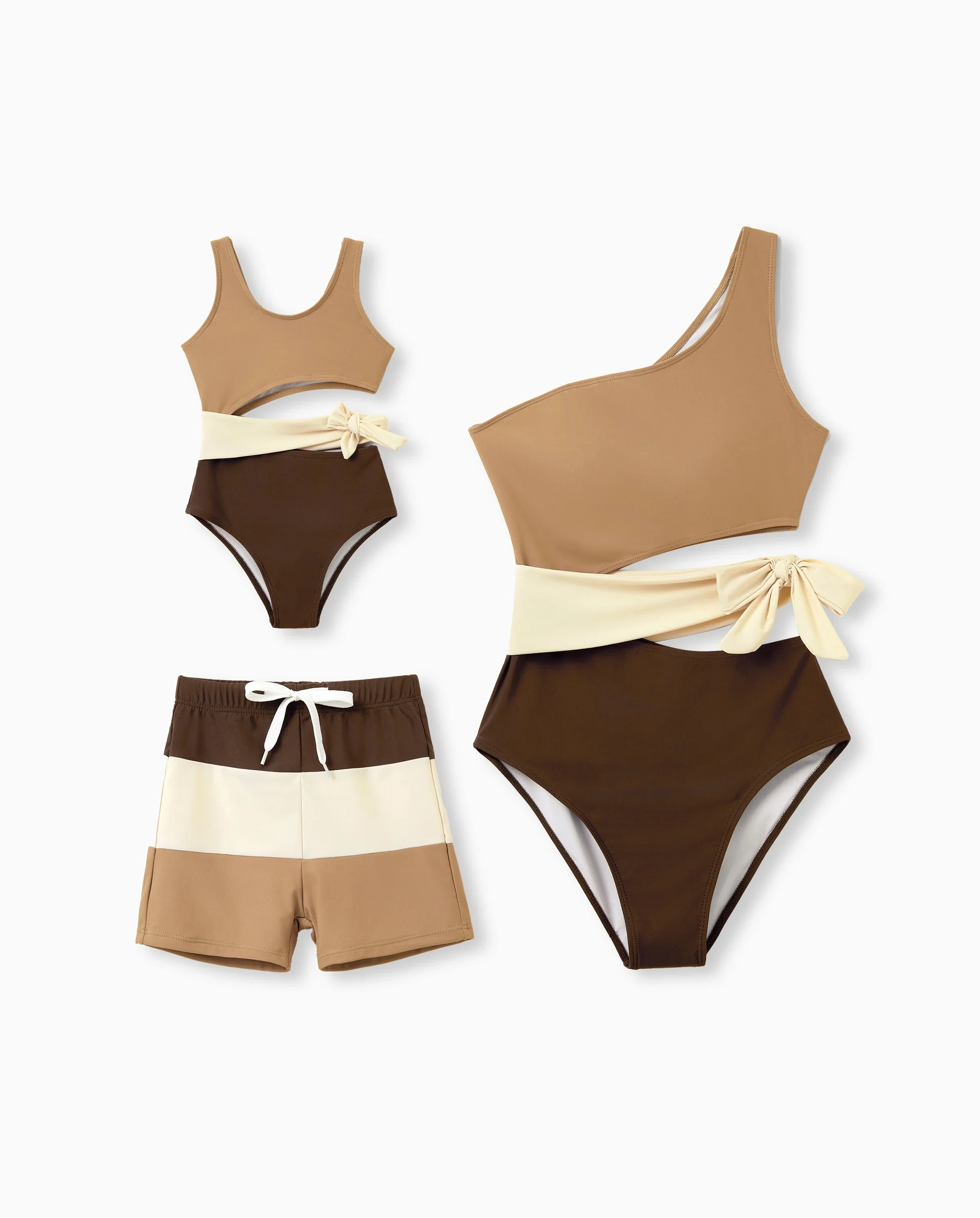 Mommy & me Color Block Swimsuits, Mommy and Me One-Shoulder Cutout Bikini Set Summer Beach Vacation Swimwear Coffee - Image 8