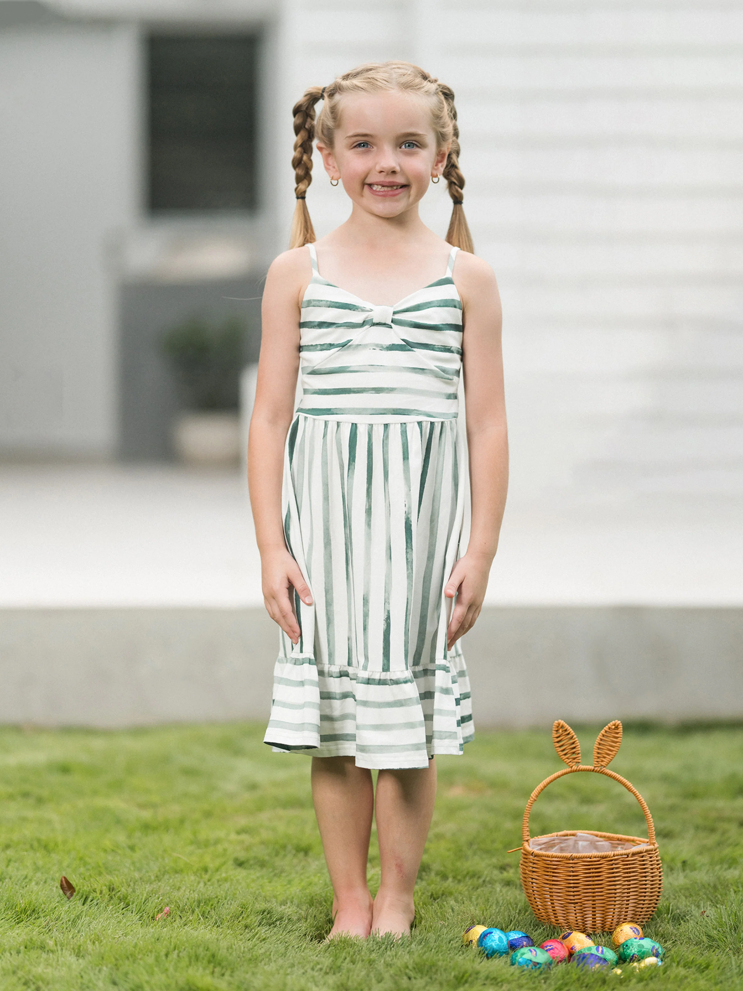 Mommy & me Cotton Outfits Set Green Striped T-Shirt and Dress Set for Dad, Mom, Kids & Baby, Perfect for Summer Family Outings & Photos Green - Image 3