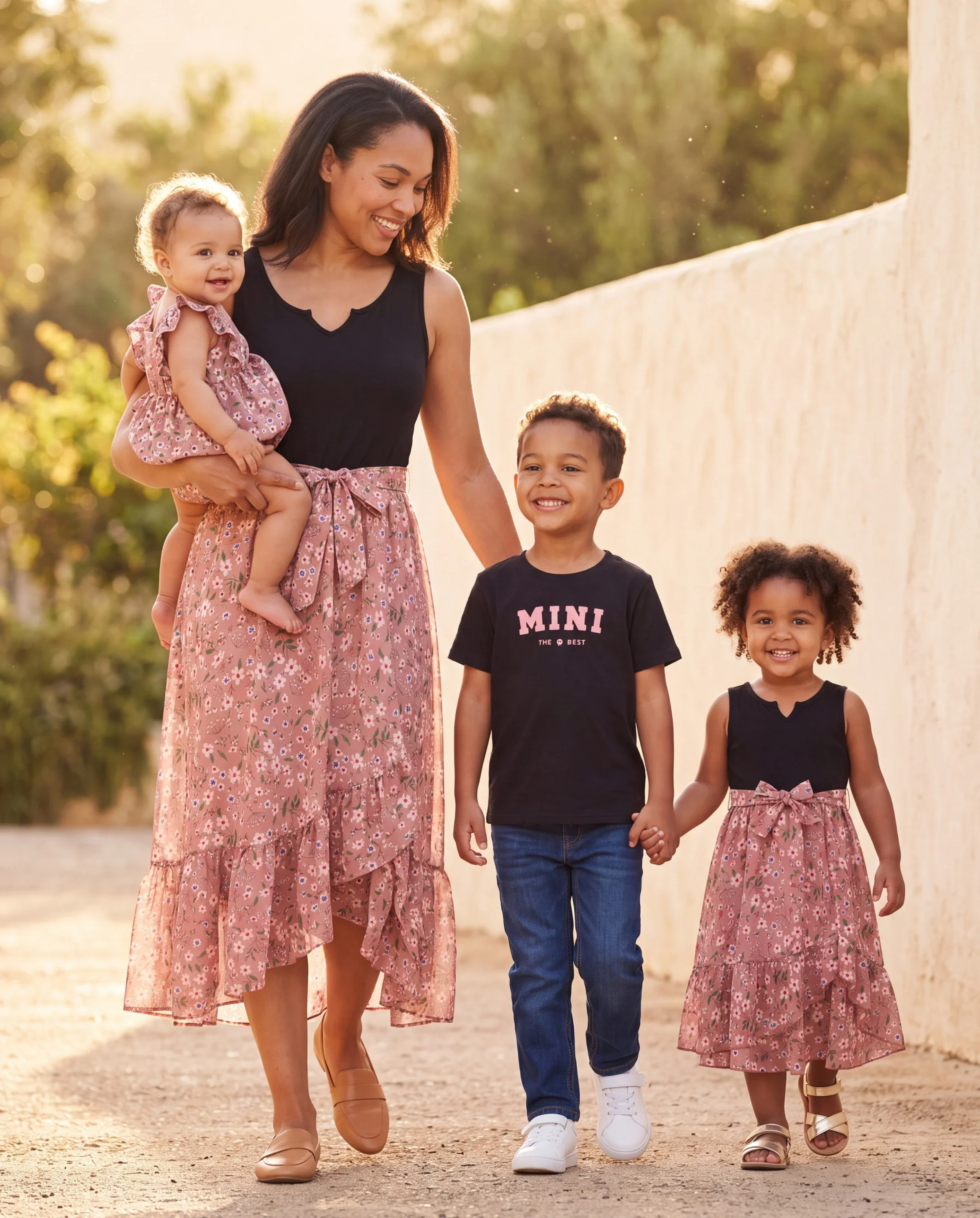 Mommy & me Cotton T-Shirt & Dress Set Daddy / Mini Print Black Tee for Dad and boy, Floral Print splicing Dress for Mom, girl and Baby, Perfect for Summer Family Outings Black - Image 10