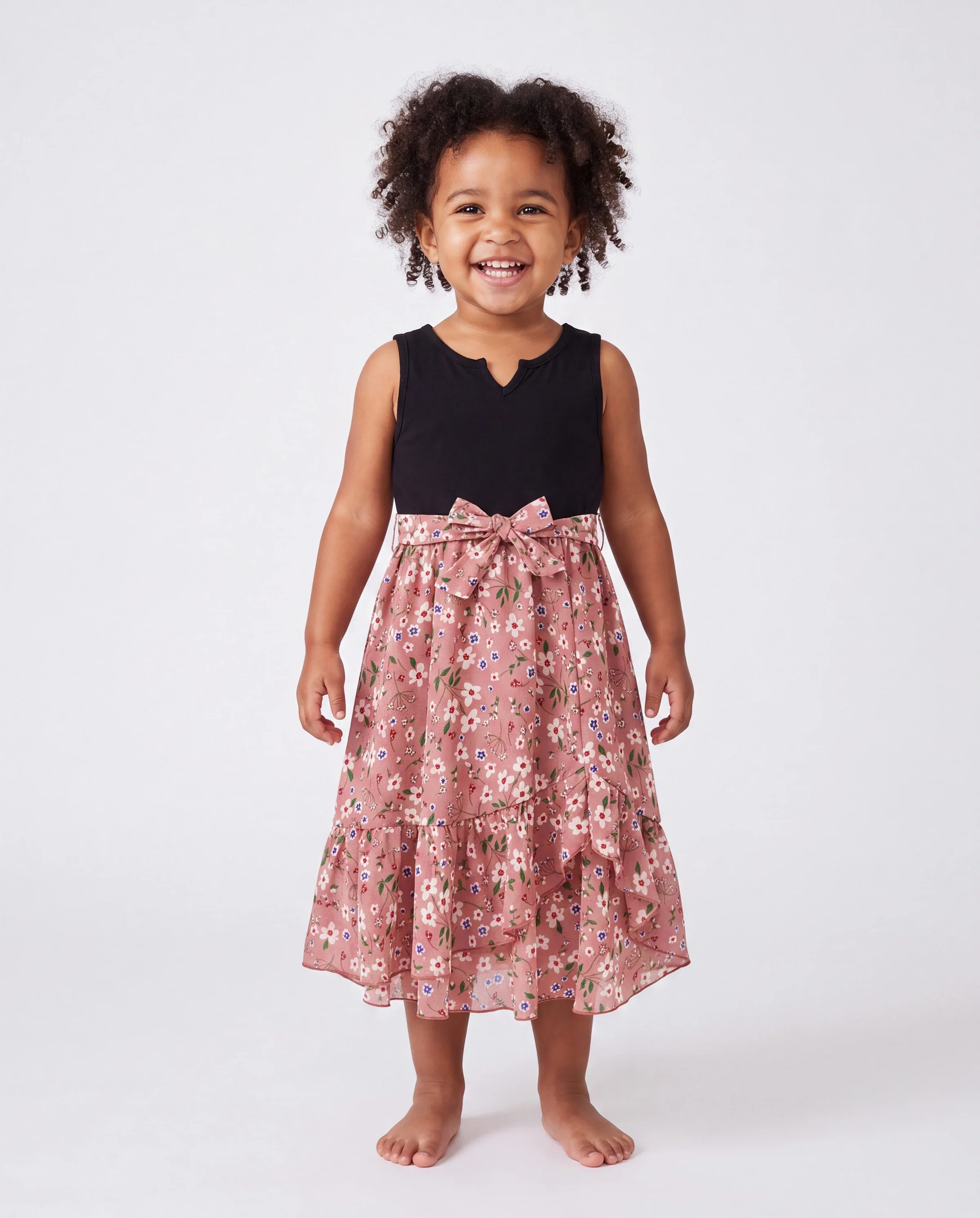 Mommy & me Cotton T-Shirt & Dress Set Daddy / Mini Print Black Tee for Dad and boy, Floral Print splicing Dress for Mom, girl and Baby, Perfect for Summer Family Outings Black - Image 3