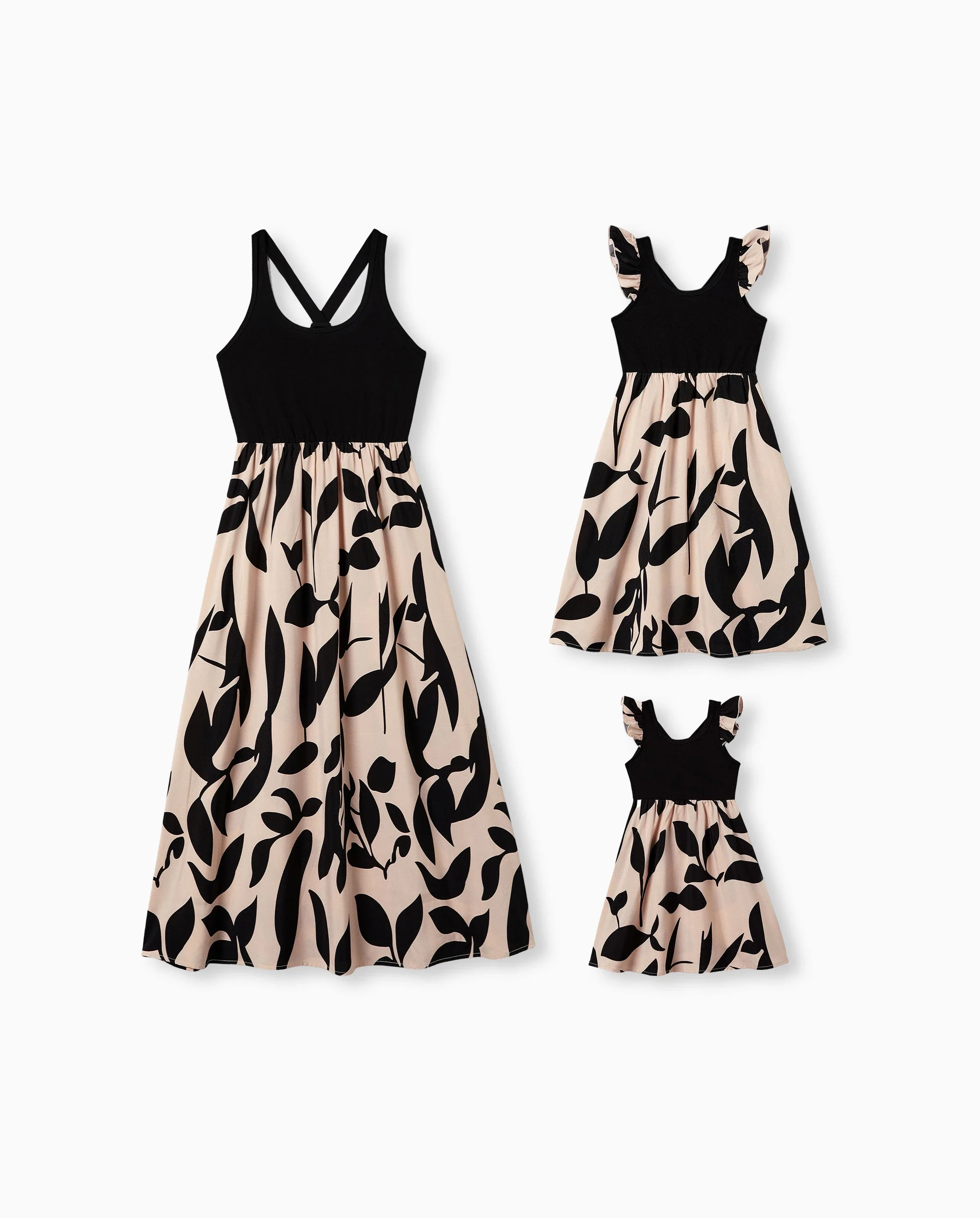 Mommy & me Cross Back Floral Strap Dress and Colorblock Top Sets Black - Image 8
