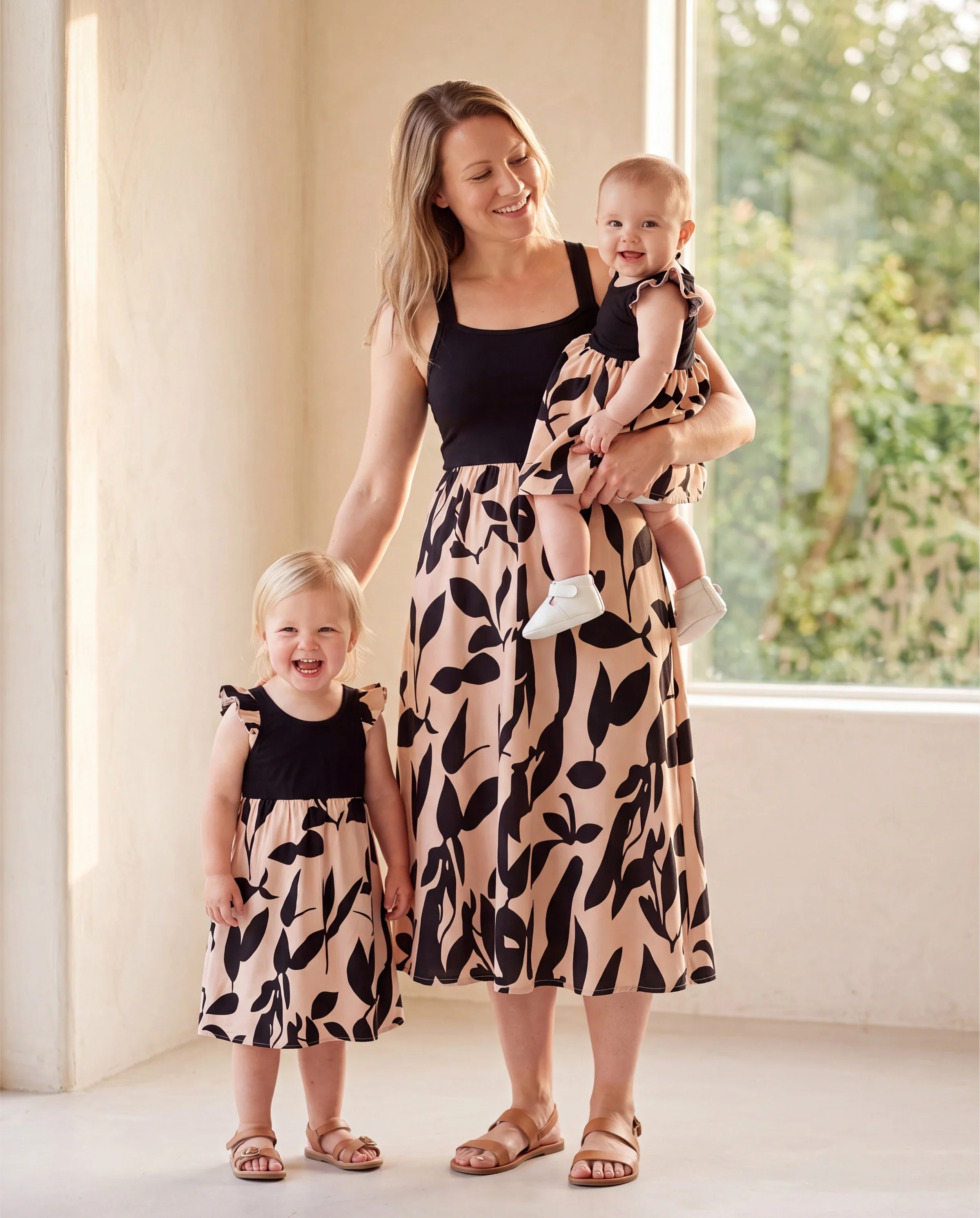 Mommy & me Cross Back Floral Strap Dress and Colorblock Top Sets Black - Image 9