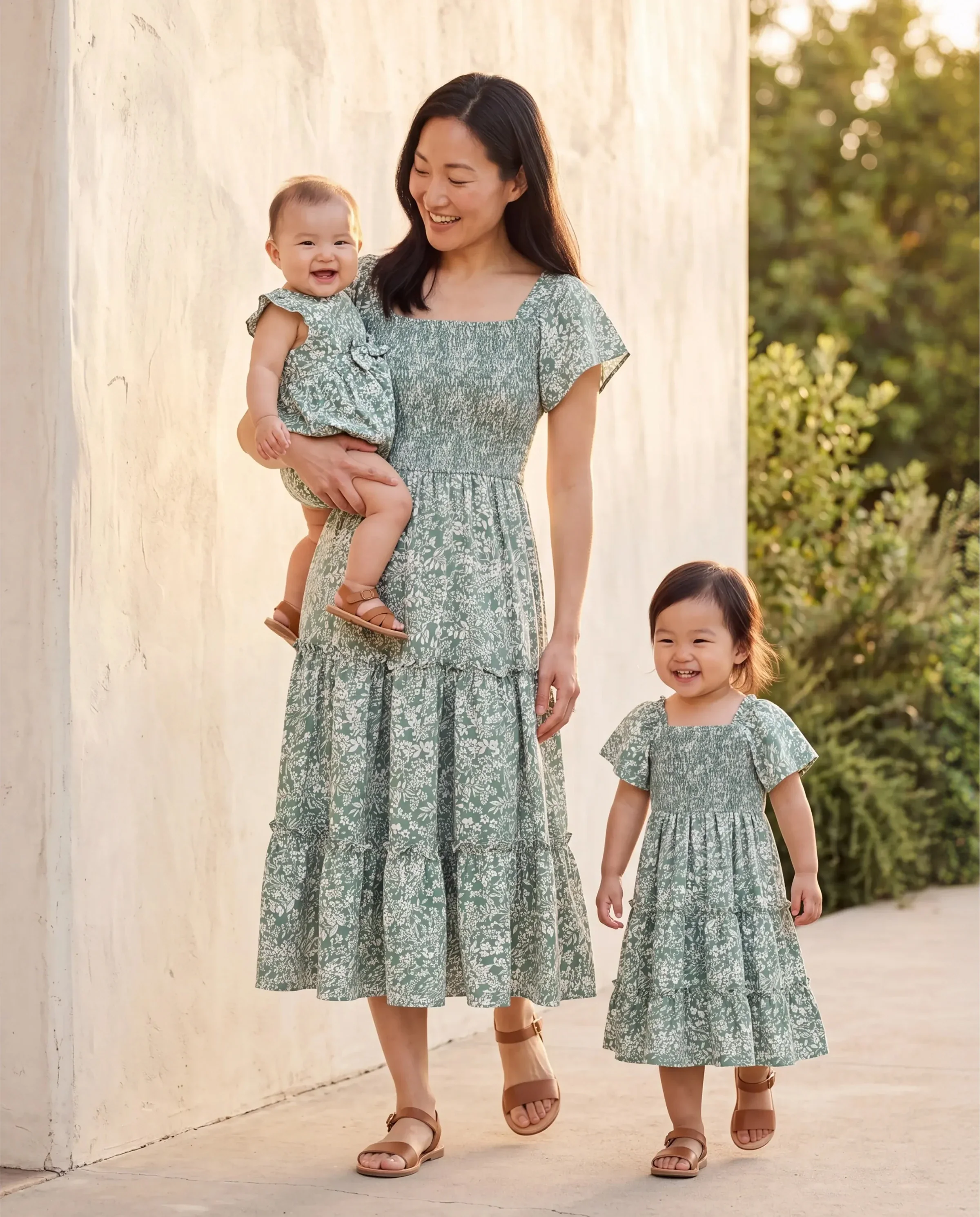Mommy & me Elegant Broken Flower Matching Outfits for Family, Smocking Design, Medium Thickness Green - Image 9