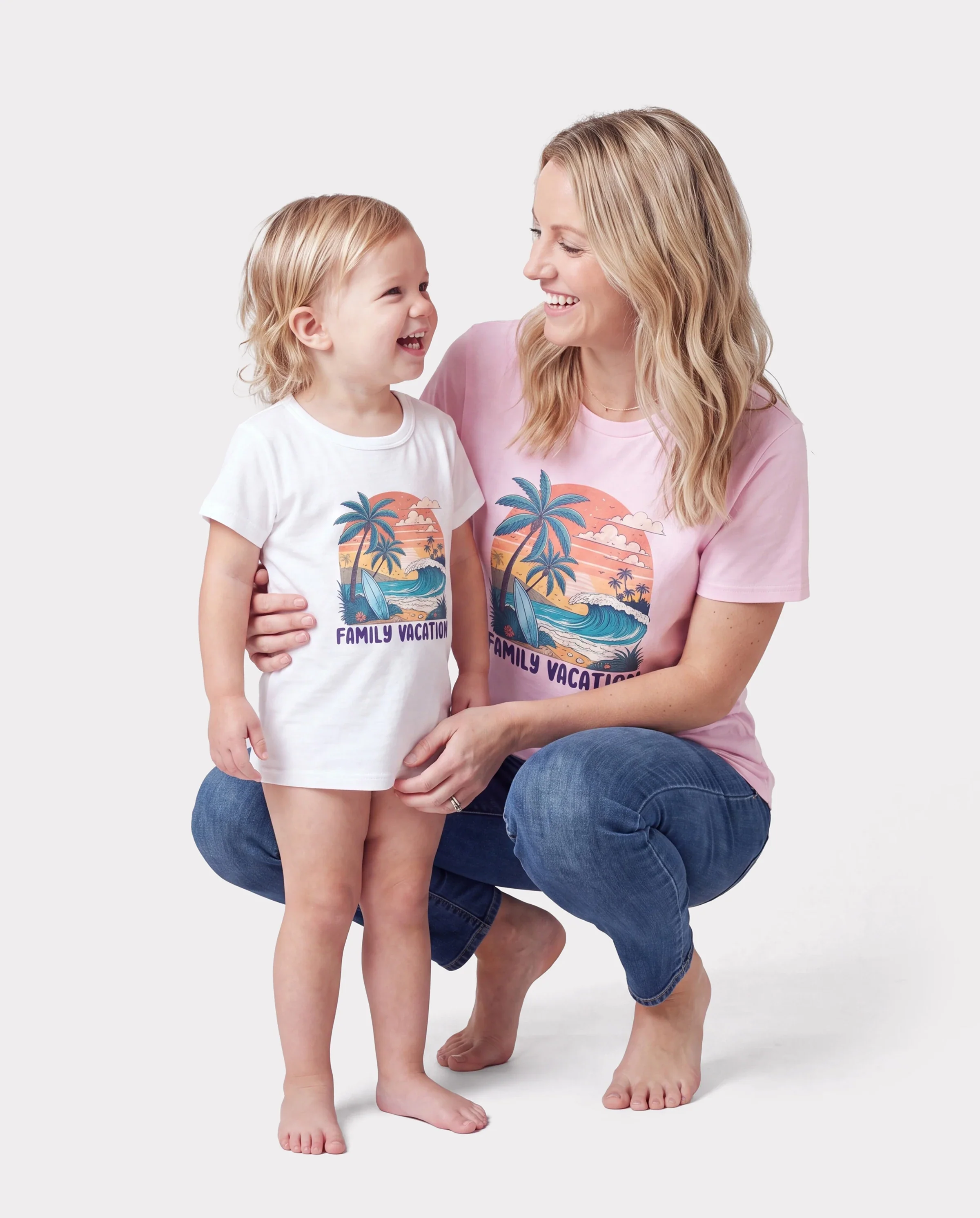 Mommy & me "Family Vacation" Graphic Cotton Tees Tropical Surf Print T-Shirt Multi-color