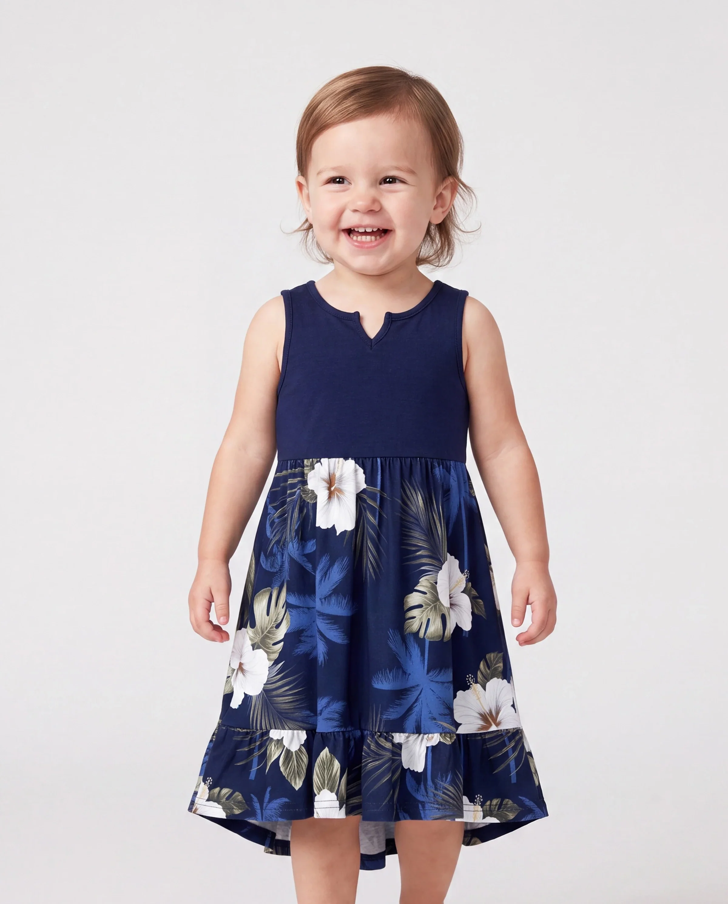 Mommy & me Floral Print Splicing Sleeveless Tank Dress Deep Blue - Image 3