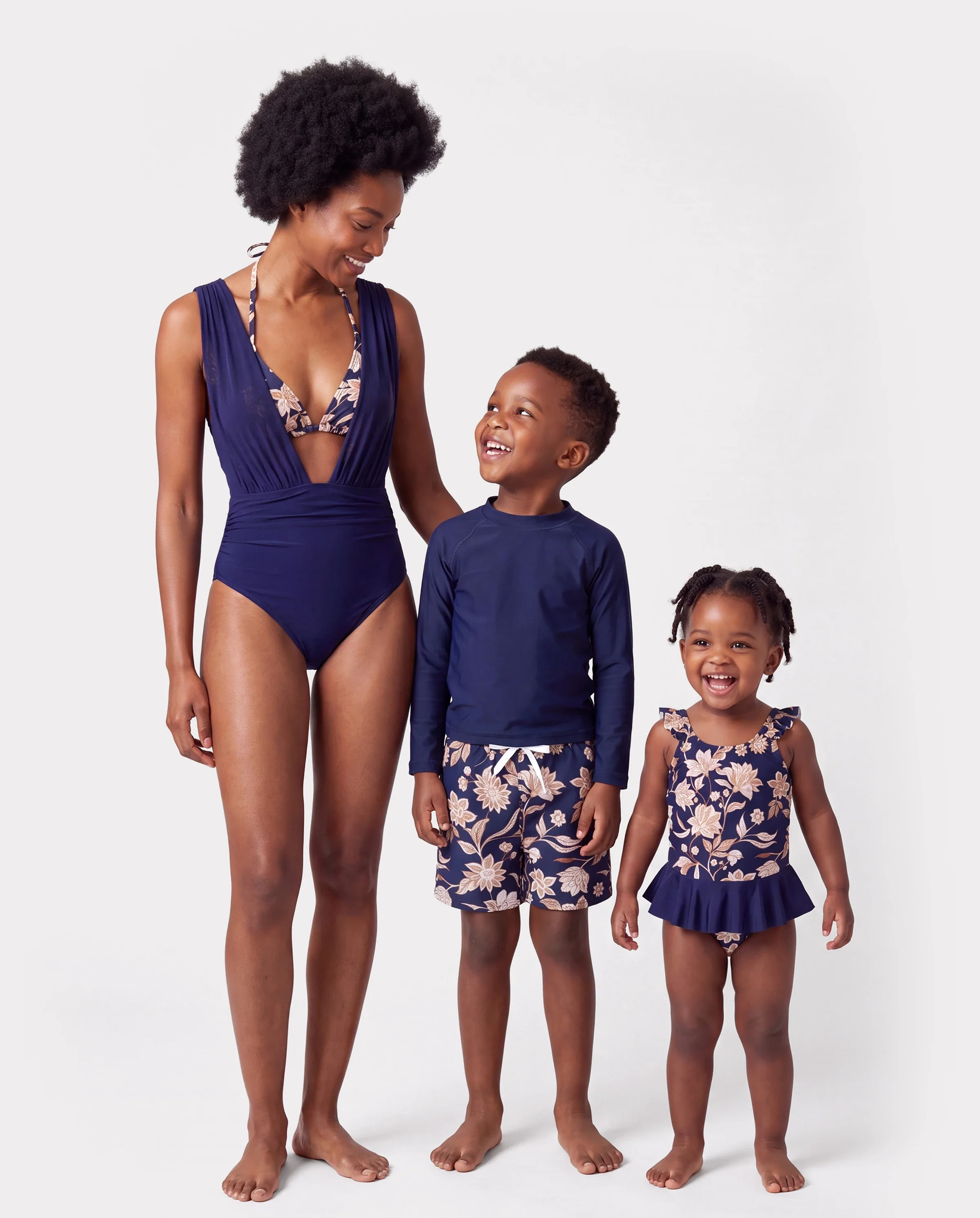 Mommy & me Floral Print Swimsuits 2-in-1 One-Piece Swimsuit & Swim Trunks Deep Blue