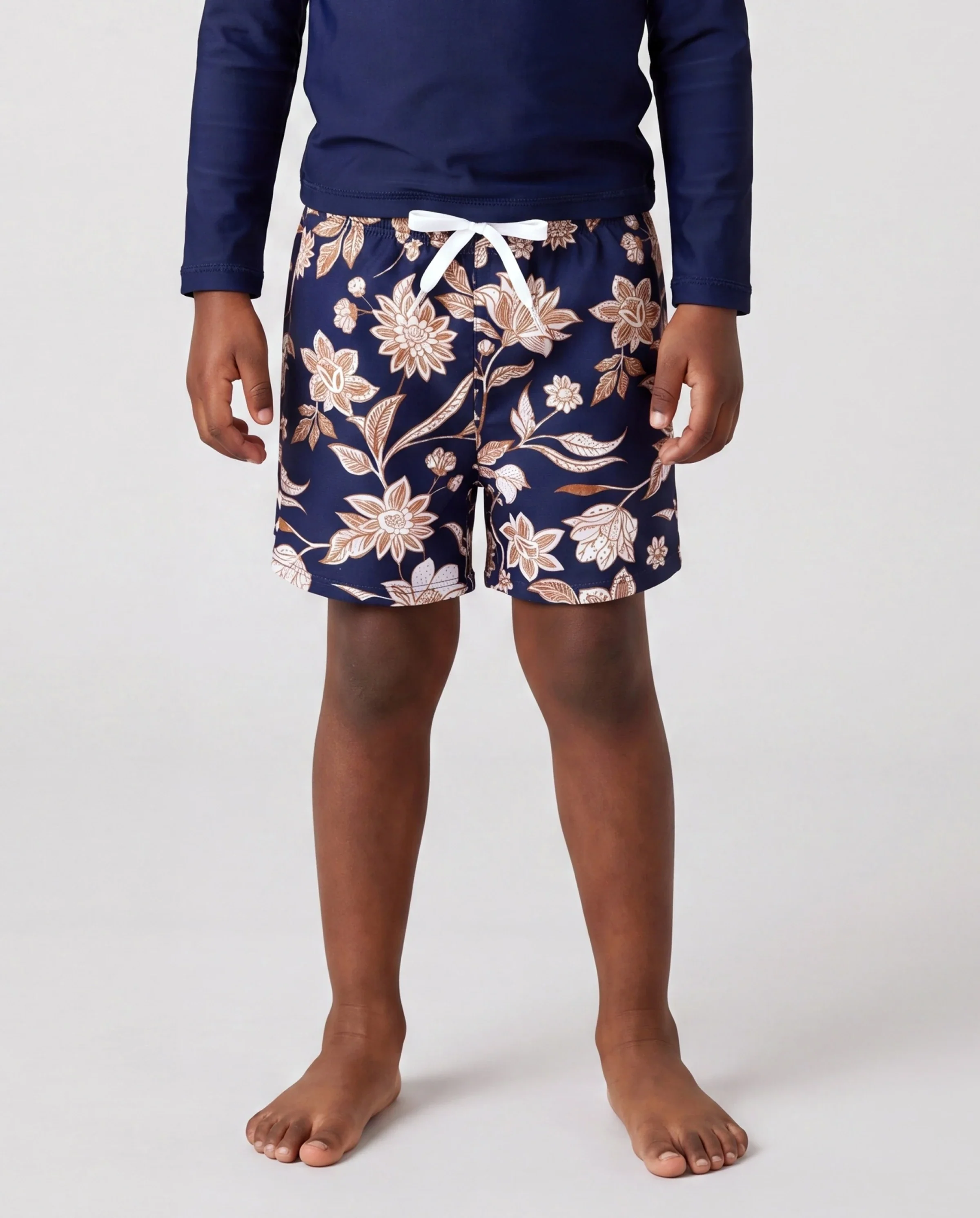 Mommy & me Floral Print Swimsuits 2-in-1 One-Piece Swimsuit & Swim Trunks Deep Blue - Image 3